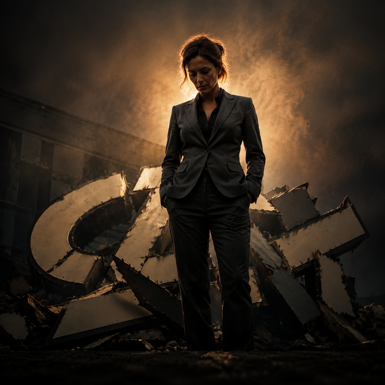 Photorealistic editorial magazine cover photograph: a French businesswoman in a sharp charcoal blazer stands centered before a shattered storefront logo sign, fragments of painted wood at her feet, ha