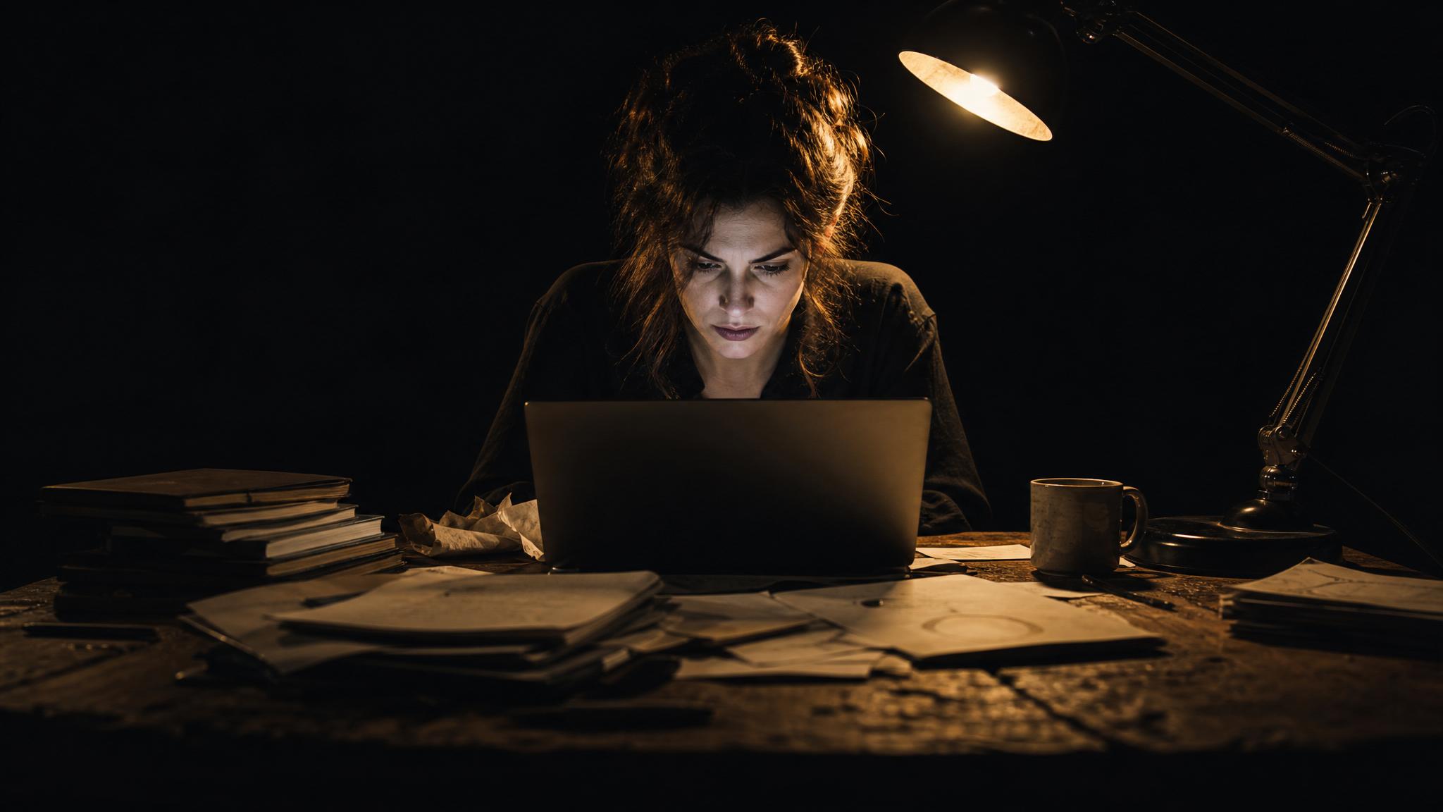 Photorealistic editorial magazine cover photograph: a lone freelance marketer at a cluttered wooden desk at midnight, centered hero, single warm tungsten desk lamp casting hard shadows across stacked