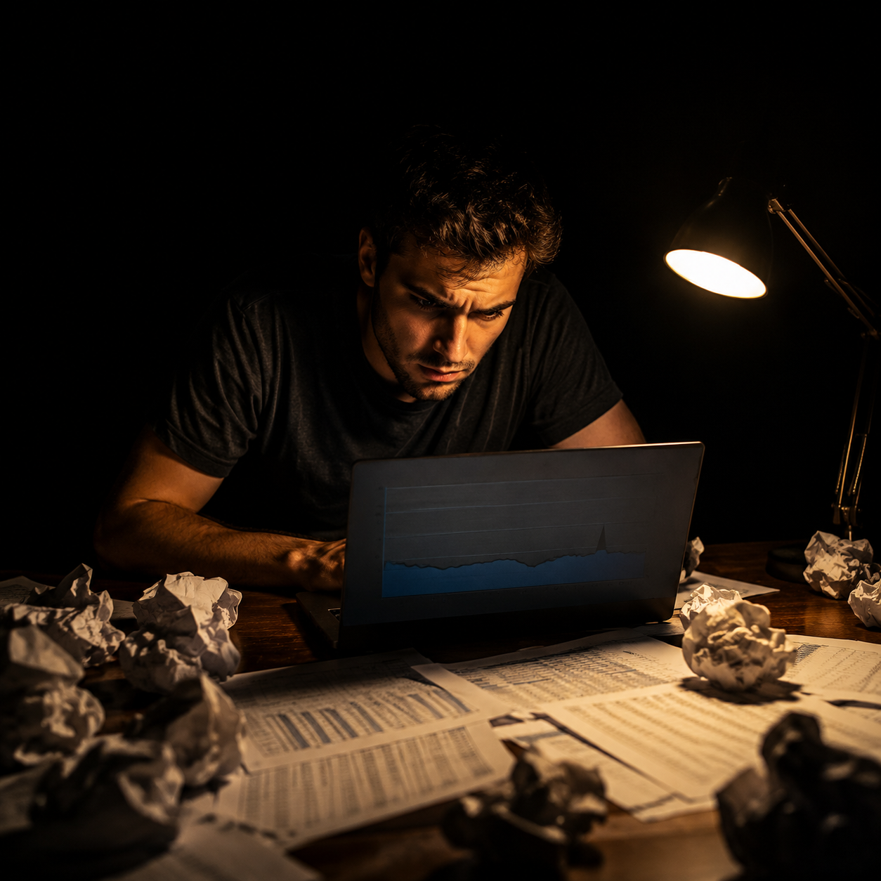 Photorealistic editorial magazine cover: a focused young man at a cluttered wooden desk at night, surrounded by crumpled paper and printed keyword spreadsheets, single warm tungsten desk lamp casting