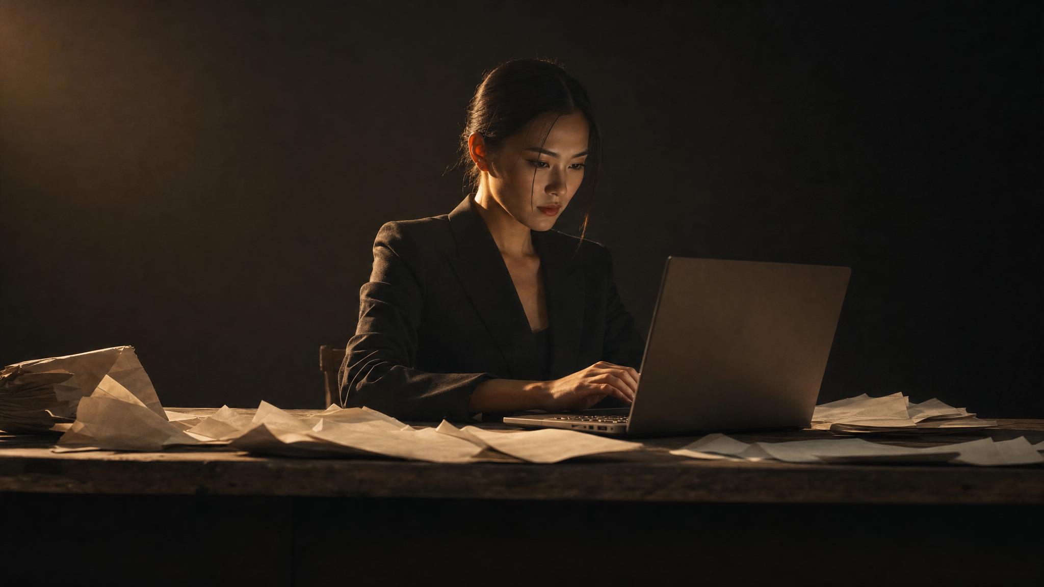 Photorealistic editorial magazine cover photograph: a sharp-suited East Asian woman centered at a cluttered wooden desk at dusk, staring intensely at a laptop screen mid-keystroke, hard warm tungsten