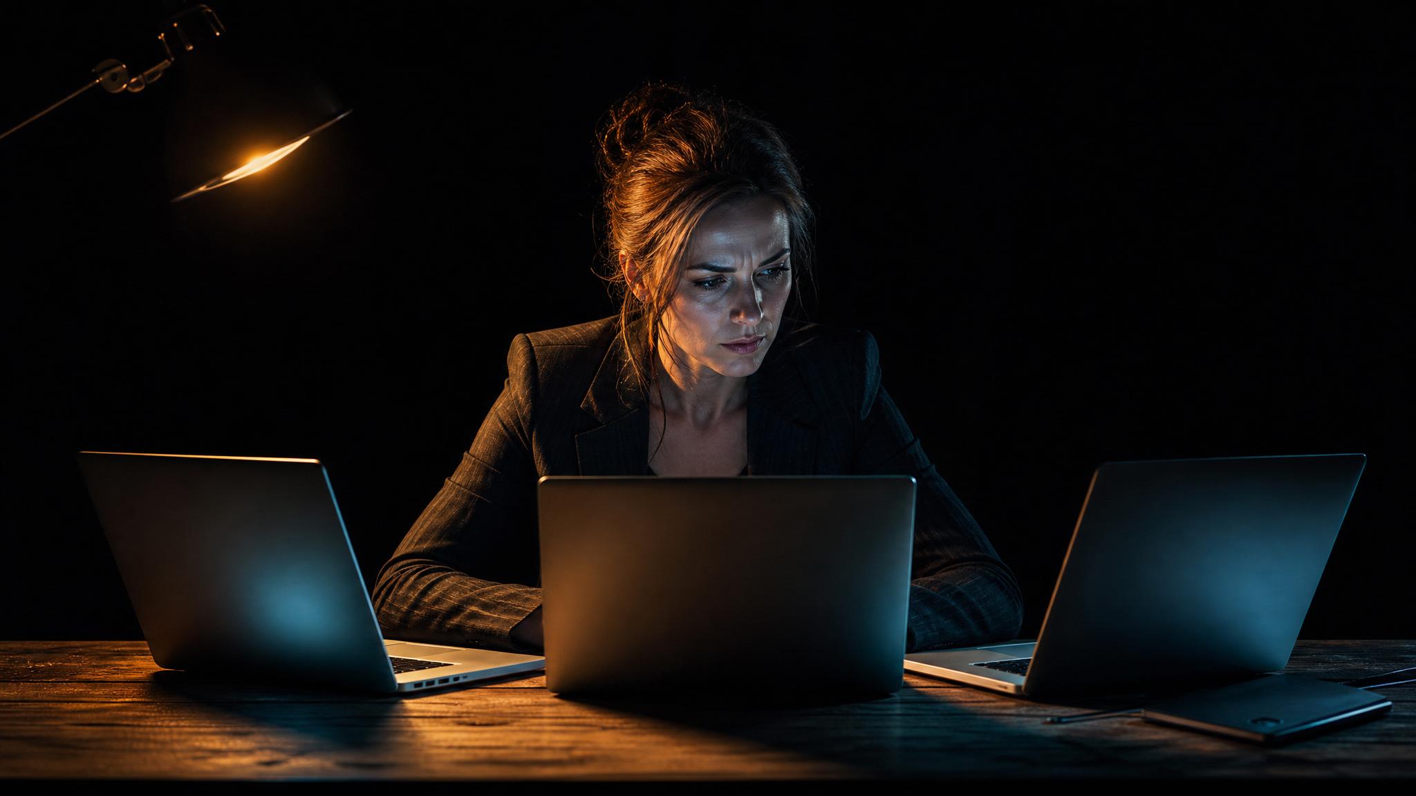 Photorealistic editorial magazine cover photograph: a focused professional woman centered at a cluttered desk of three open laptops, comparing screens side by side under a single warm tungsten desk la
