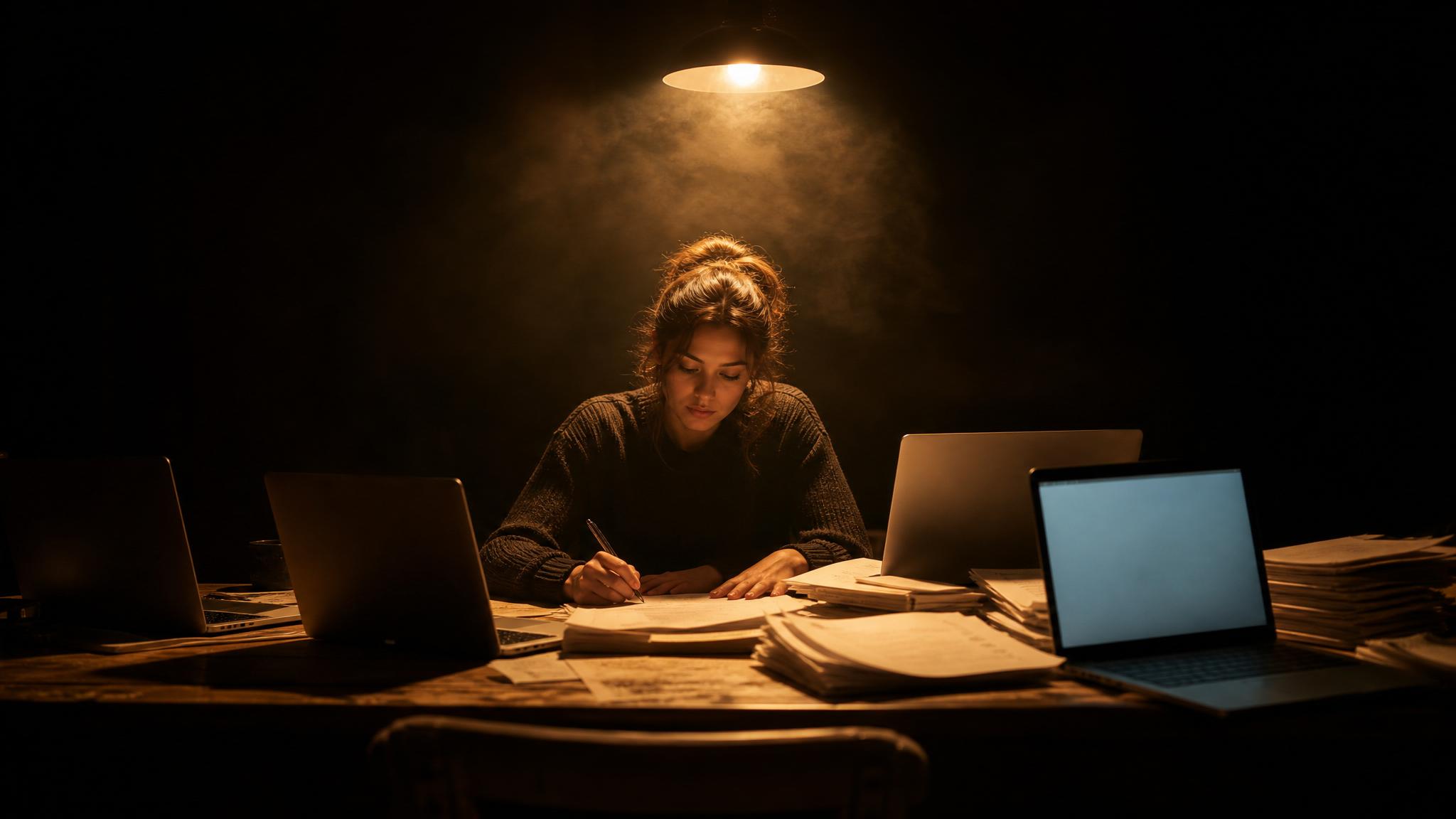 Photorealistic editorial magazine cover photograph: a focused young woman centered at a wide wooden desk covered in multiple open laptops, hard warm tungsten rim light from a single overhead lamp sepa