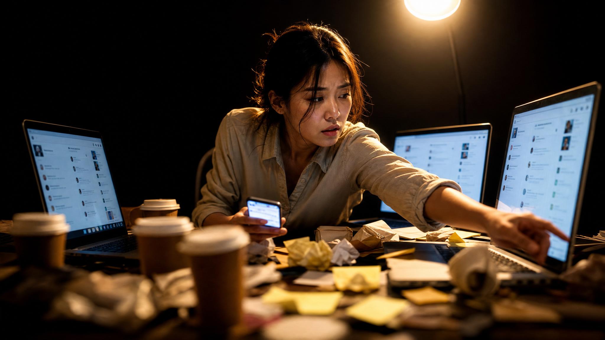 Photorealistic editorial magazine cover photograph: a Korean woman content marketer at a cluttered desk surrounded by three open laptops showing Instagram, Facebook, and LinkedIn tabs simultaneously,