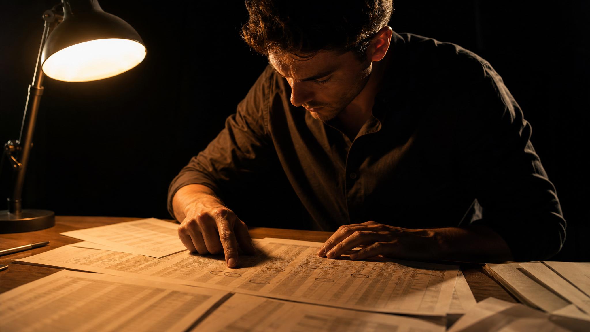 Photorealistic editorial magazine cover photograph: a focused young man in a dark button-up shirt seated at a wooden desk, leaning over a printed spreadsheet covered in circled low-competition keyword