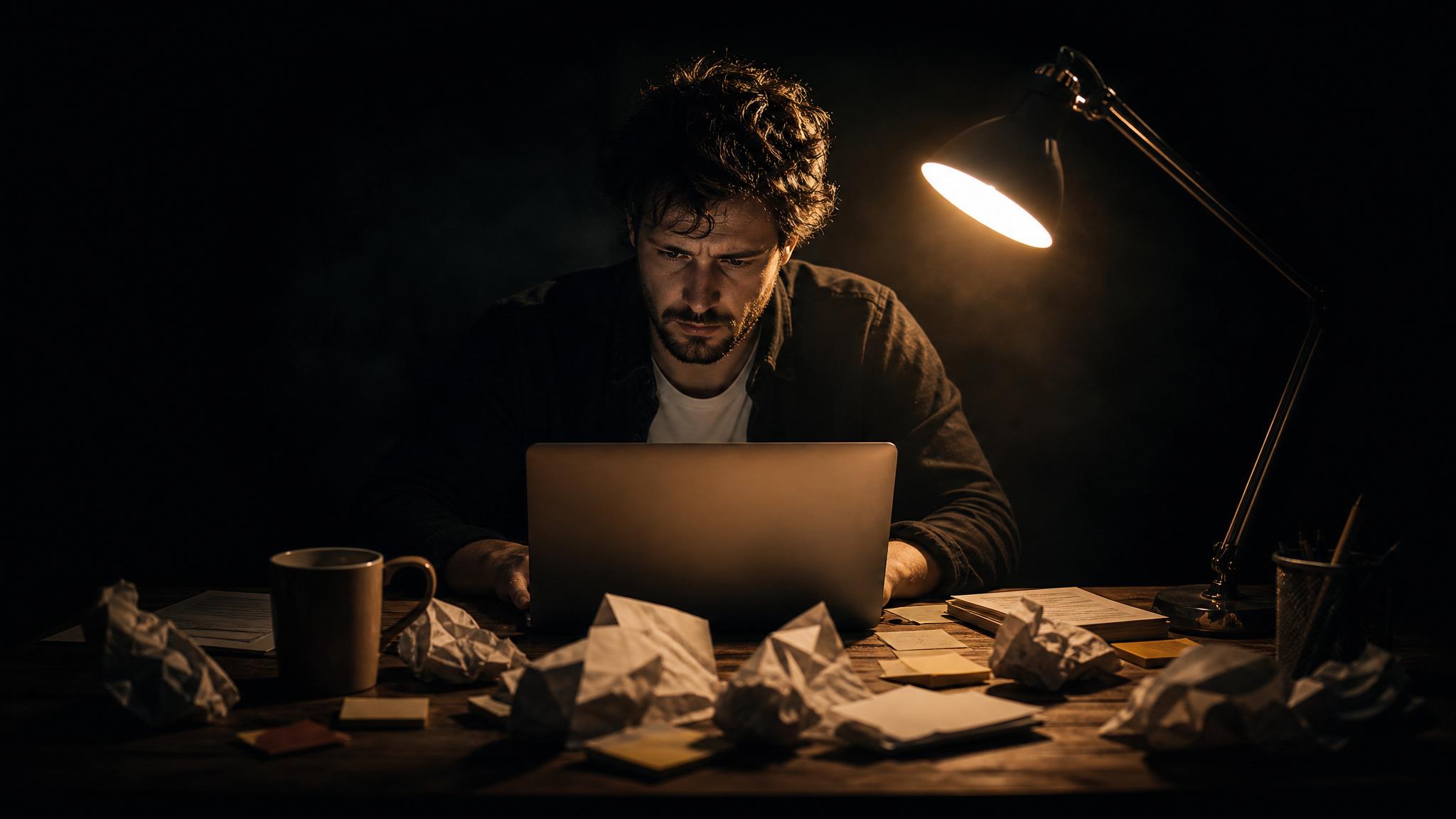 Photorealistic editorial magazine cover photograph: a lone freelance marketer at a cluttered wooden desk at midnight, centered low-angle hero shot, hands poised over a laptop keyboard mid-keystroke, a