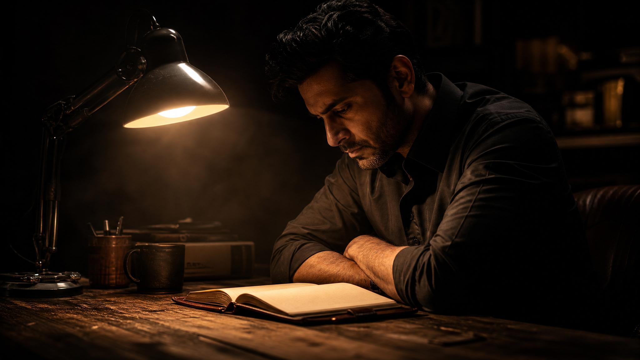 Photorealistic editorial magazine cover photograph: a lone Indian entrepreneur in his late 30s sitting at a dark wooden desk at 2am, a single warm tungsten desk lamp casting hard rim light across his