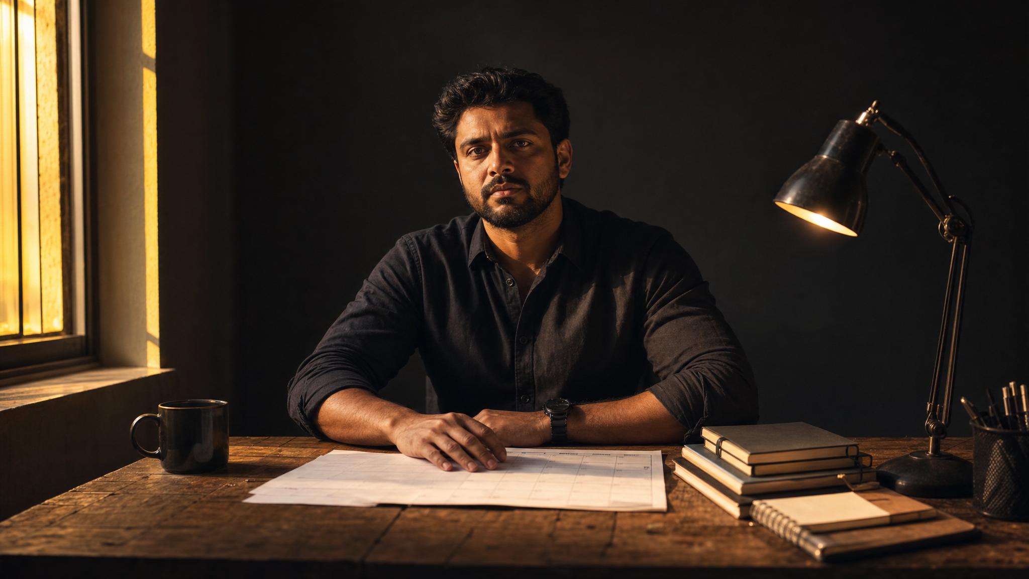 Photorealistic editorial magazine cover photograph: a focused Indian male entrepreneur in his 30s seated centered at a worn wooden desk at dawn, one hand on a printed content calendar, warm golden win