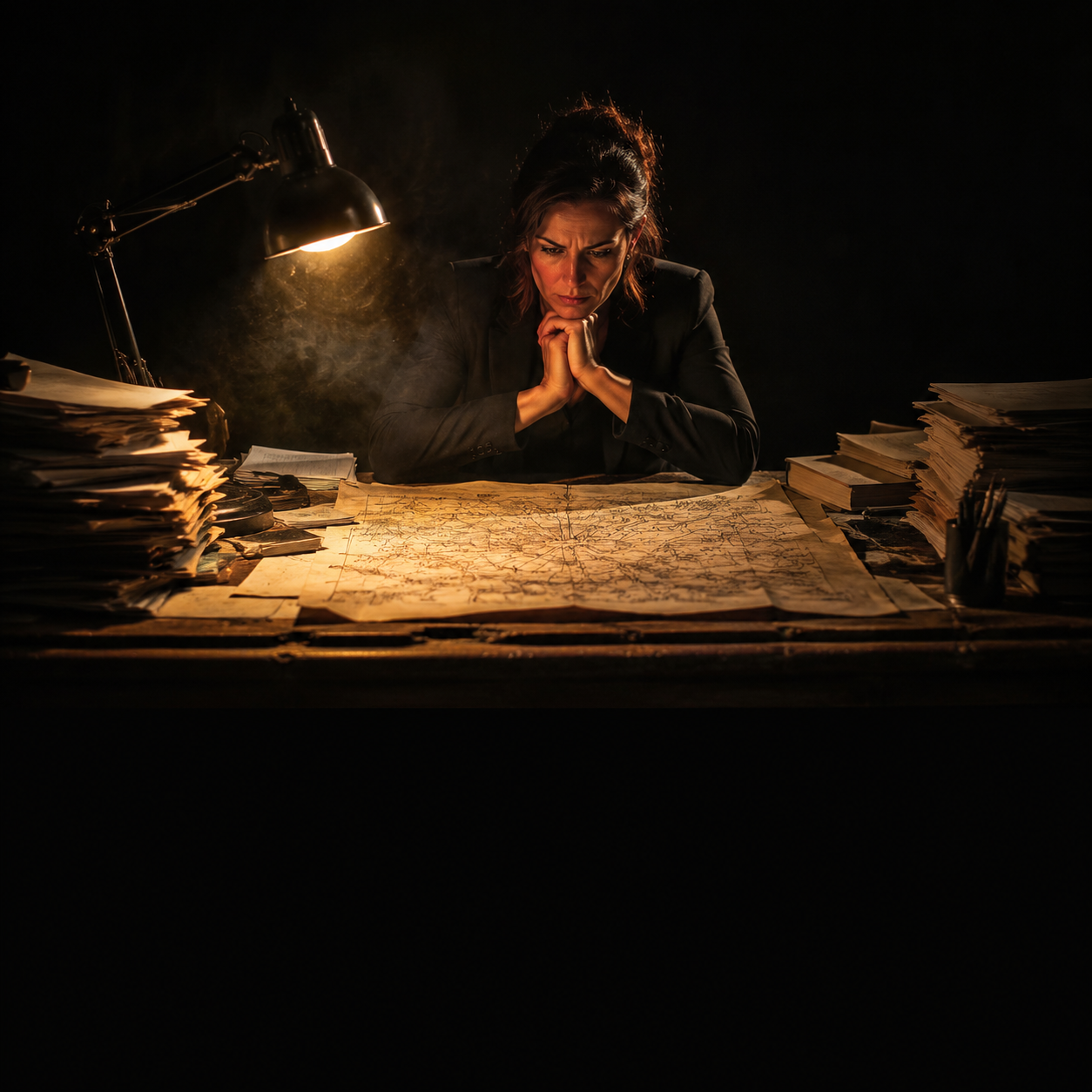Photorealistic editorial magazine cover photograph: a lone analyst seated at a cluttered wooden desk in a dark room, surrounded by stacked research papers and a single practical desk lamp casting hard