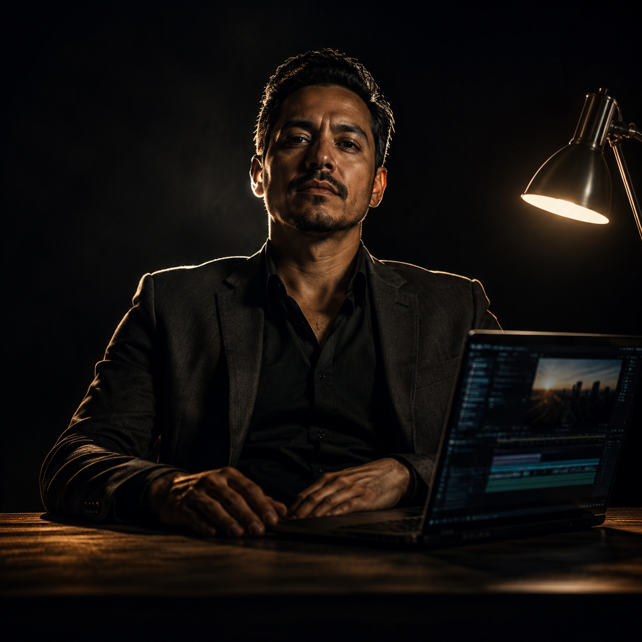 Photorealistic editorial magazine cover photograph: a solo male Latino consultant in a sharp charcoal blazer seated at a minimal desk, centered low-angle hero shot, a single warm tungsten desk lamp ca