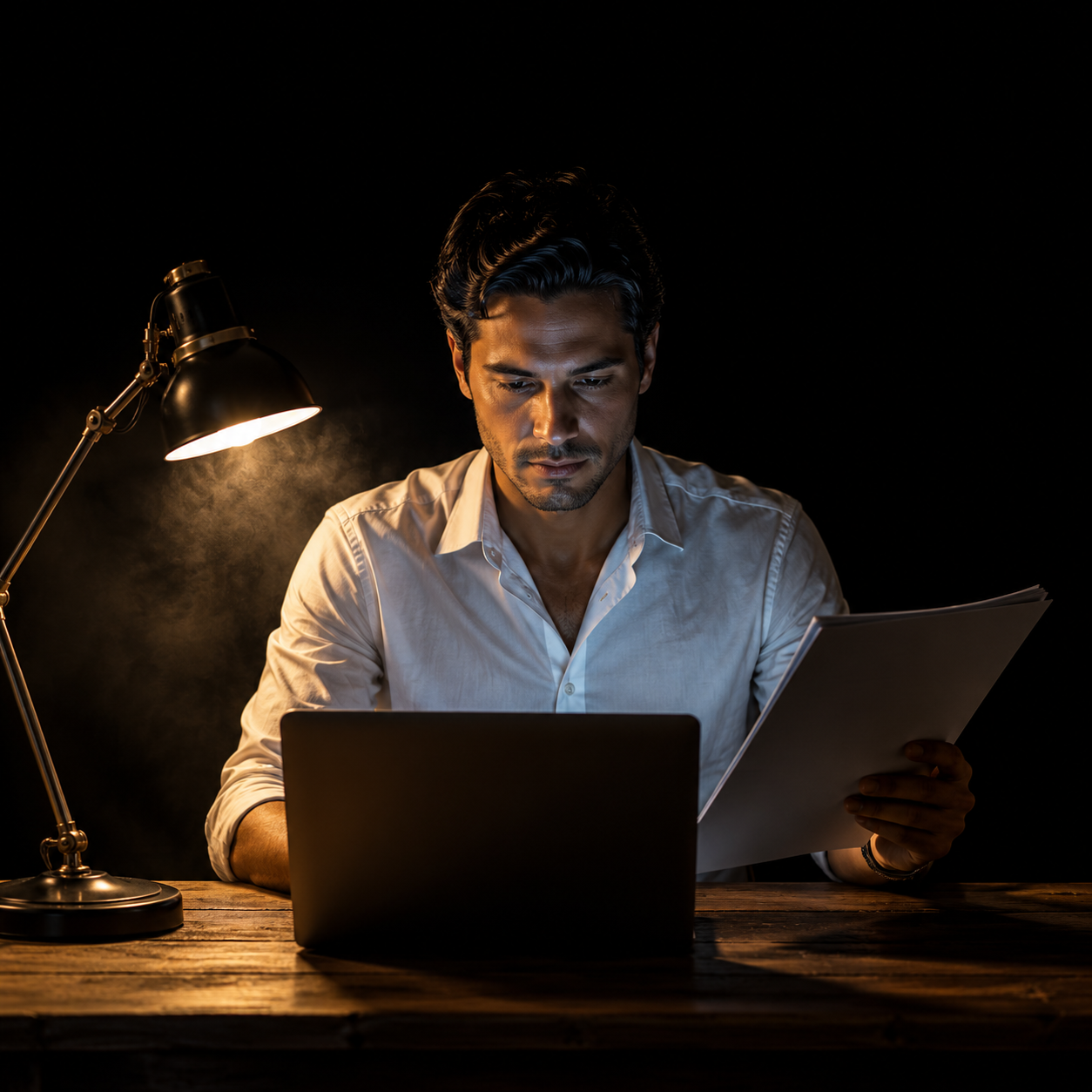 Photorealistic editorial magazine cover photograph: a solo Latin male consultant in a crisp white shirt seated centered at a minimal desk, a single warm tungsten desk lamp casting hard gold rim light