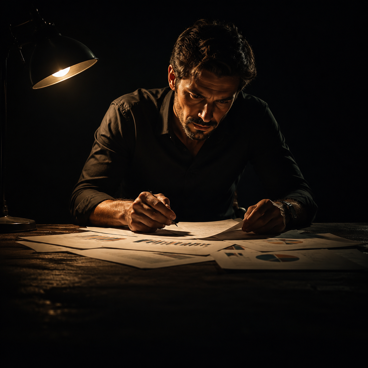 Photorealistic editorial magazine cover photograph: a lone male entrepreneur centered at a cluttered wooden desk covered in printed analytics reports, leaning forward with intense focus, a single warm