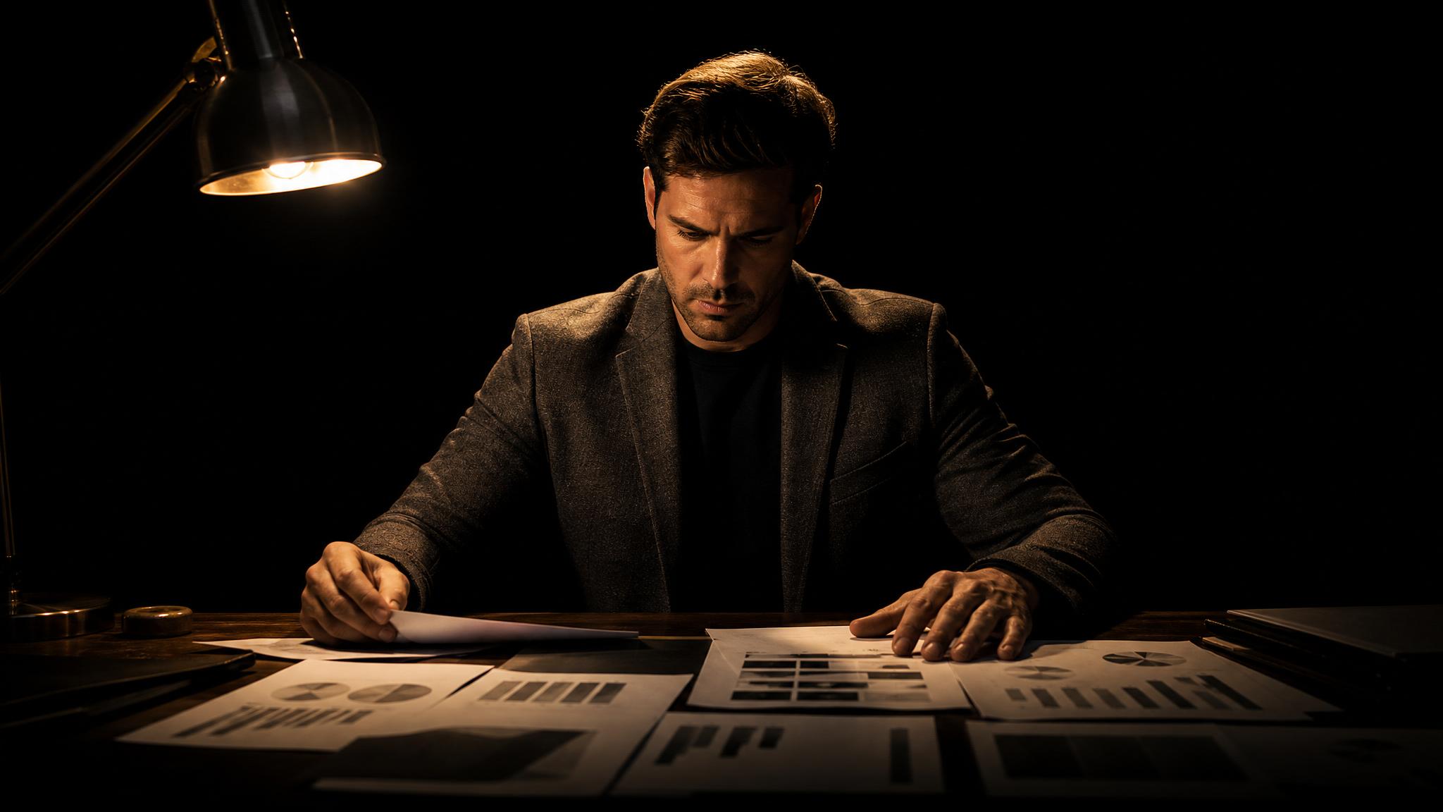 Photorealistic editorial magazine cover photograph: a focused man in a dark blazer stands centered at a large wooden desk covered in printed keyword ranking reports, hard warm tungsten lamp casting sh