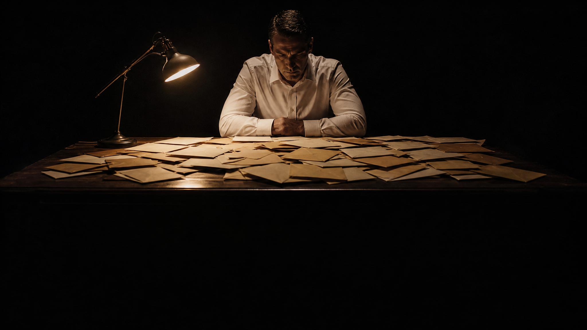 Photorealistic editorial magazine cover photograph: a lone male consultant in a crisp white shirt seated at a real wooden desk at 2am, 50 unopened paper letters fanned across the surface, a single war