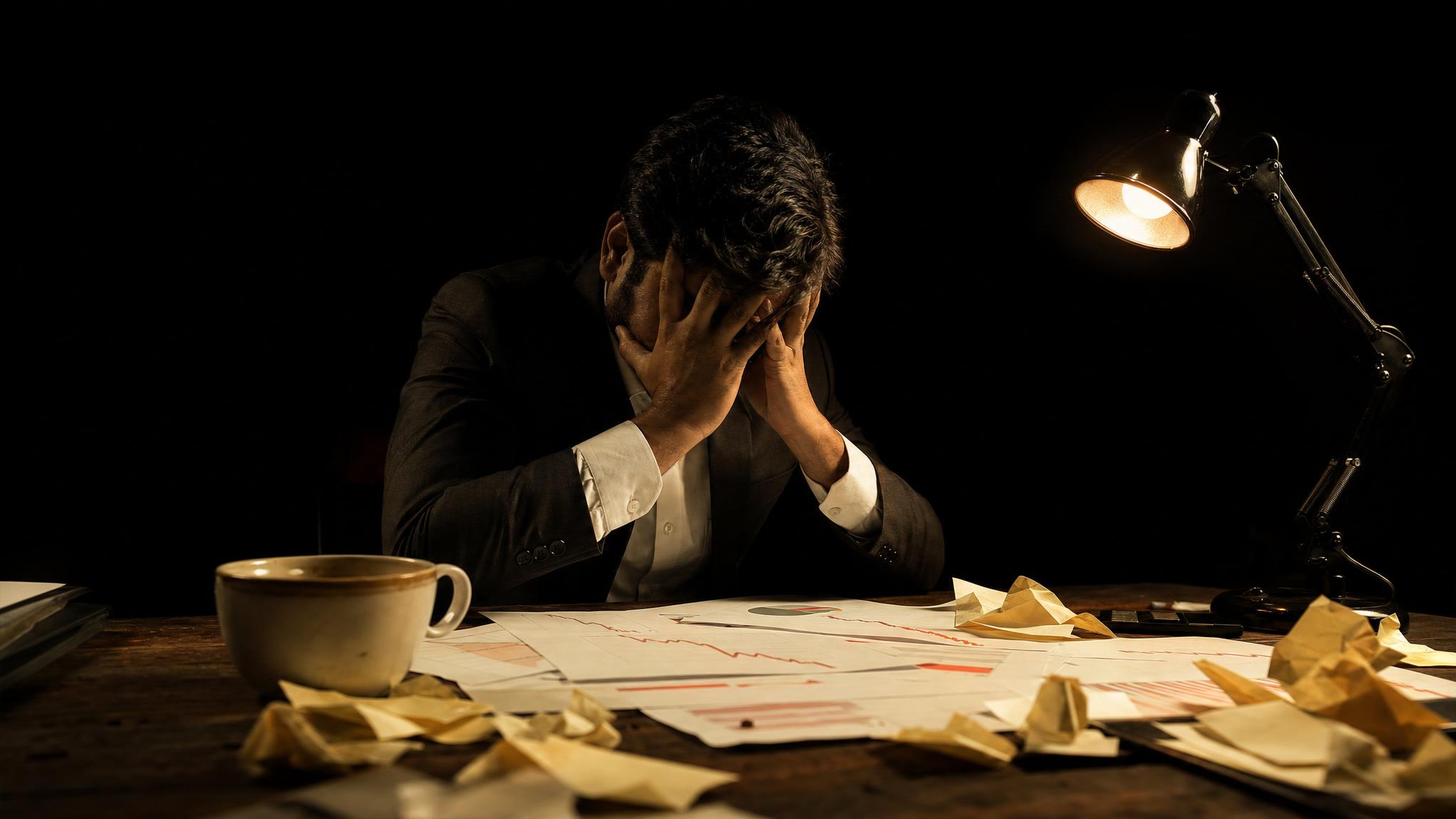 Photorealistic editorial magazine cover photograph: a stressed Indian male entrepreneur in his late 30s sitting alone at a cluttered wooden desk at midnight, surrounded by printed social media analyti