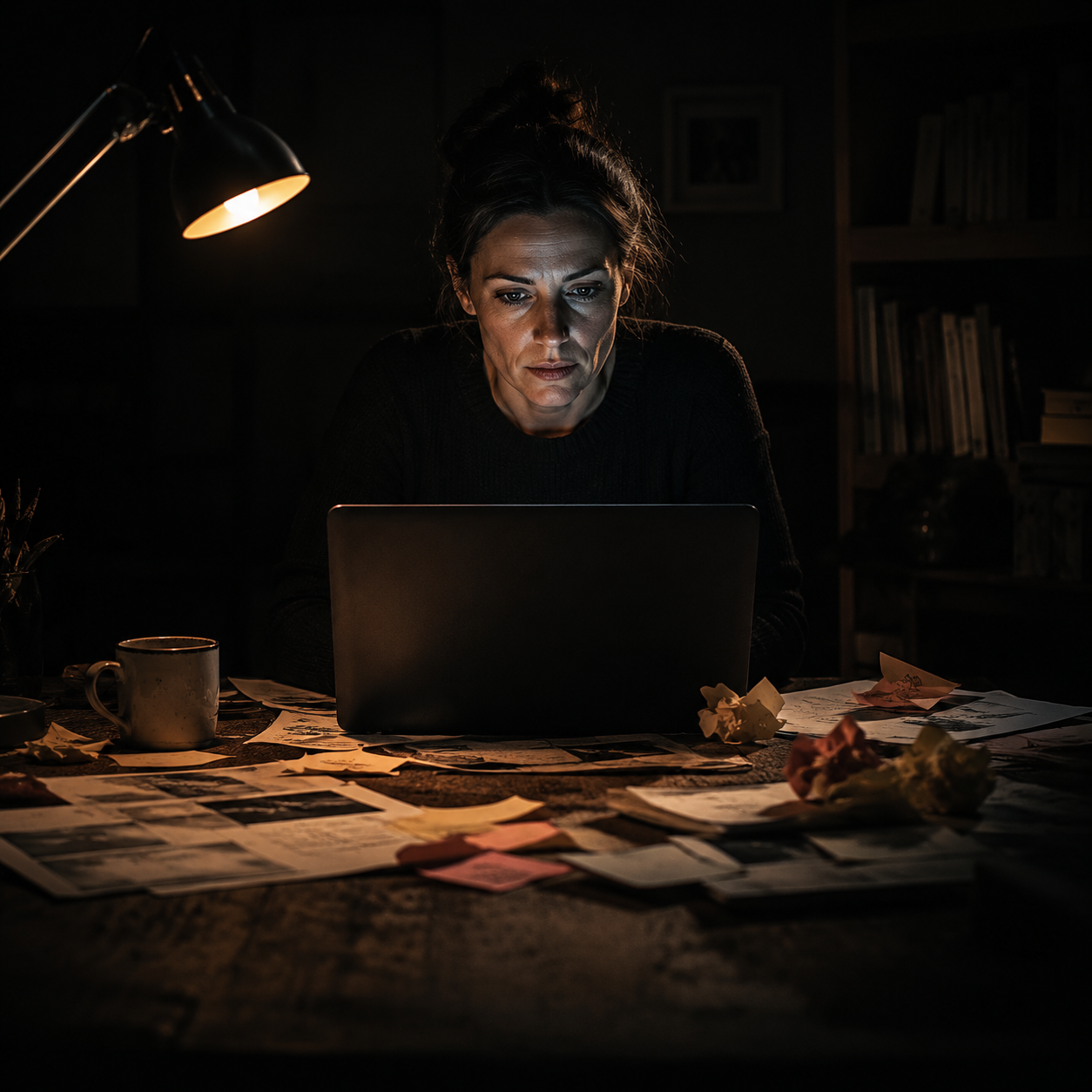Photorealistic editorial magazine cover photograph: a lone freelance writer, mid-30s woman, centered at a weathered wooden desk cluttered with printed drafts and sticky notes, staring at a glowing lap