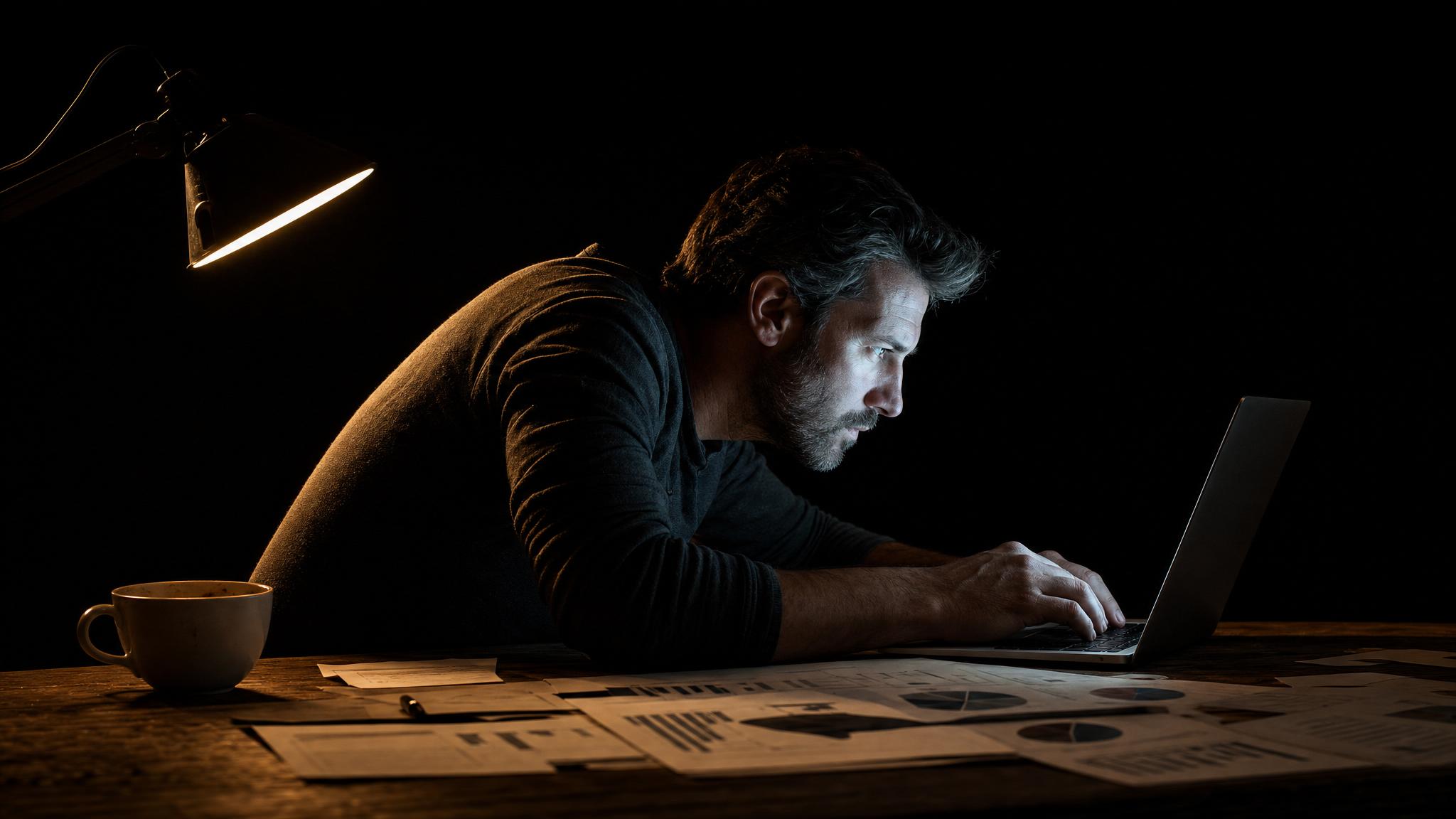 Photorealistic editorial magazine cover photograph: a lone male content strategist in his late 30s seated at a cluttered wooden desk at night, surrounded by printed keyword research sheets, leaning fo