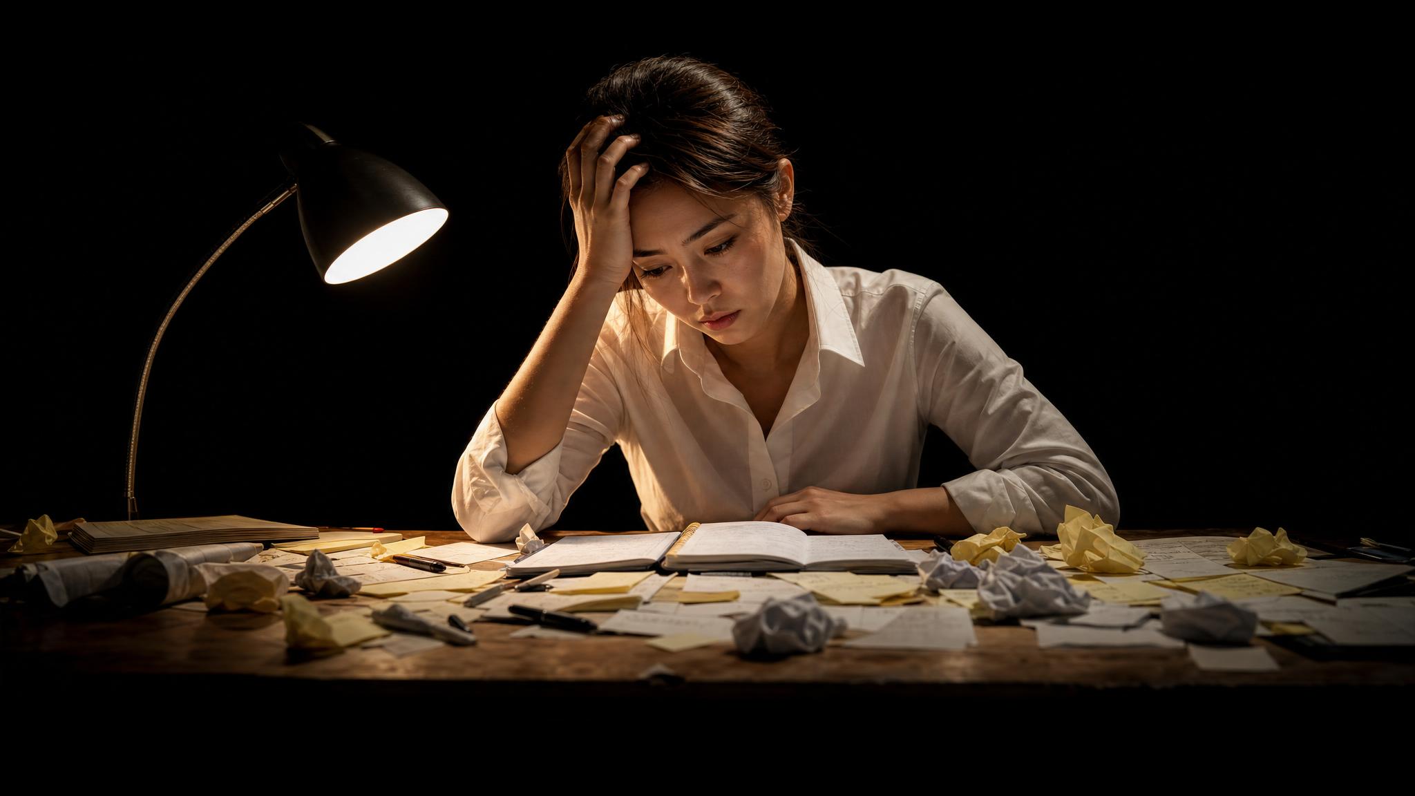 Photorealistic editorial magazine cover photograph: a Japanese professional woman in a crisp white shirt sits centered at a real wooden desk buried under handwritten sticky notes and open notebooks, s