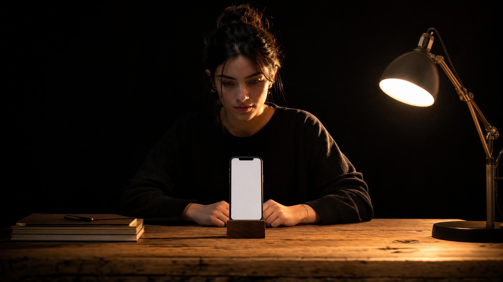 Photorealistic editorial magazine cover photograph: a young woman entrepreneur centered at a wooden desk, phone upright showing a blank Instagram profile screen, single warm tungsten desk lamp casting