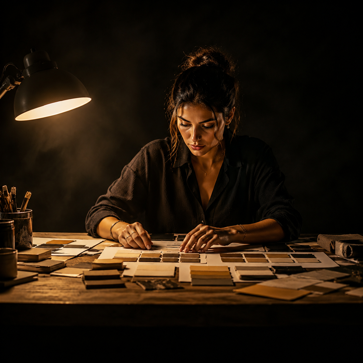 Photorealistic editorial magazine cover photograph: a young Middle Eastern woman entrepreneur centered at a wooden desk, her hands arranging color-swatched brand boards under a single warm tungsten de