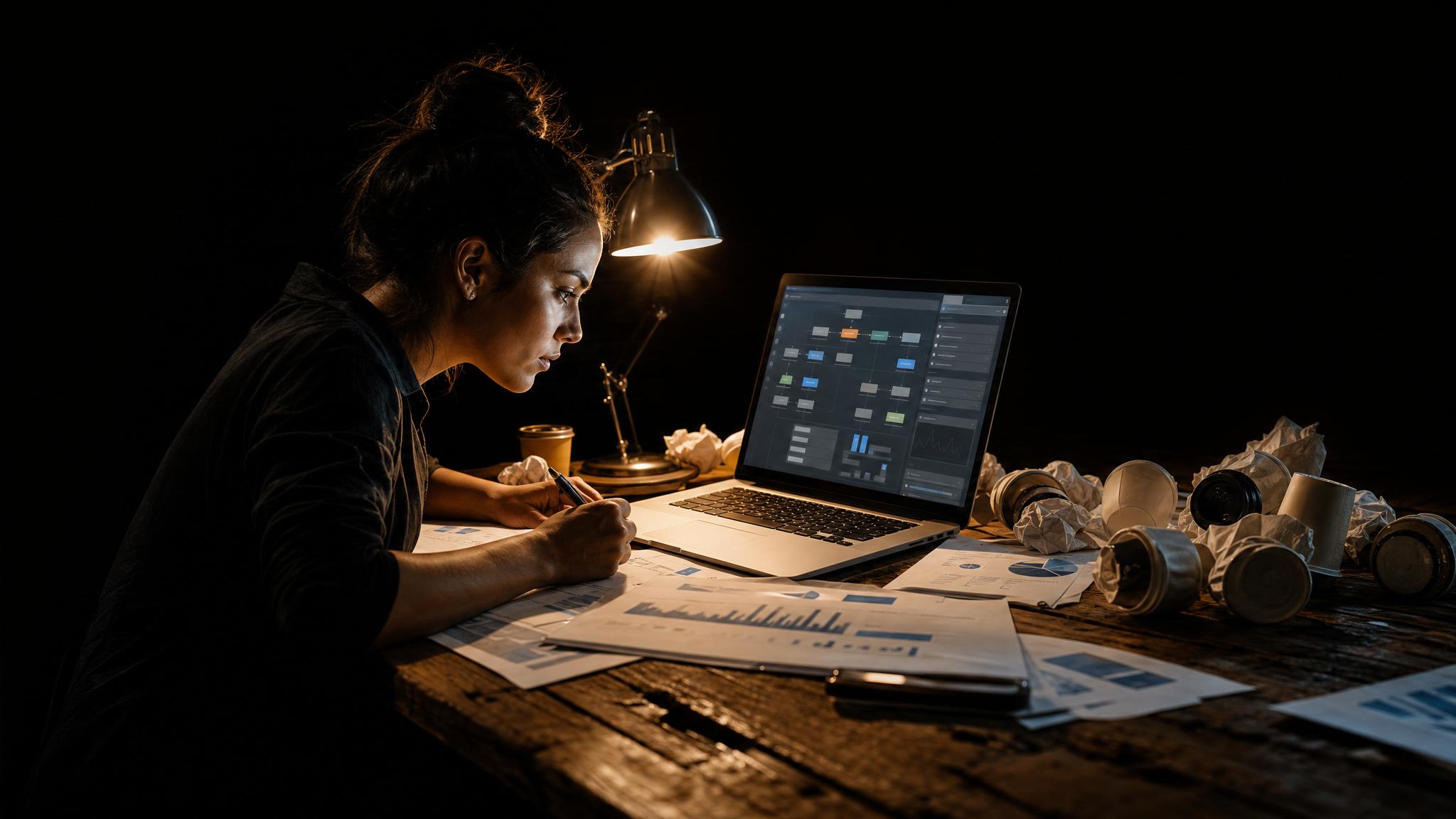 Photorealistic editorial magazine cover photograph: a lone entrepreneur at a cluttered wooden desk at 2am, a single warm tungsten desk lamp casting hard rim light across her focused face, an open lapt