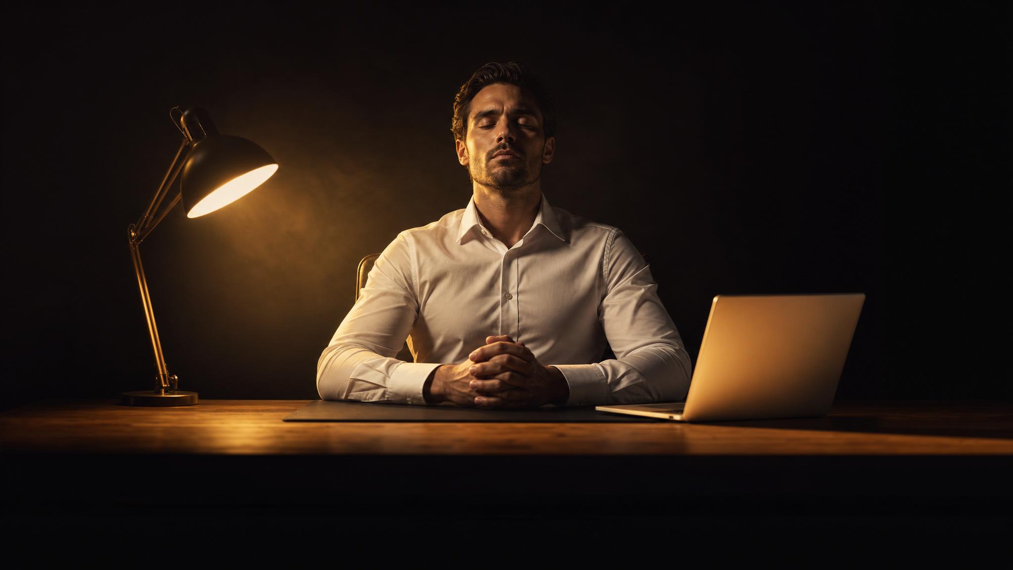 Photorealistic editorial magazine cover photograph: a lone professional man in a crisp white shirt seated at a real wooden desk at 3am, hands folded, eyes closed in calm confidence, a single warm tung