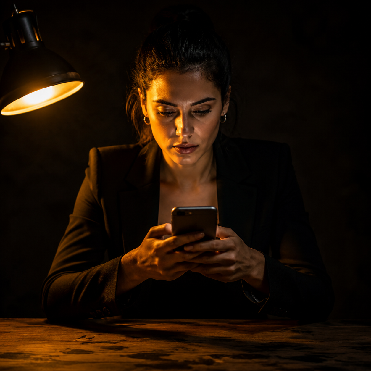 Photorealistic editorial magazine cover photograph: a focused young woman entrepreneur centered at a wooden desk, staring directly into a smartphone screen displaying an Instagram profile grid, single