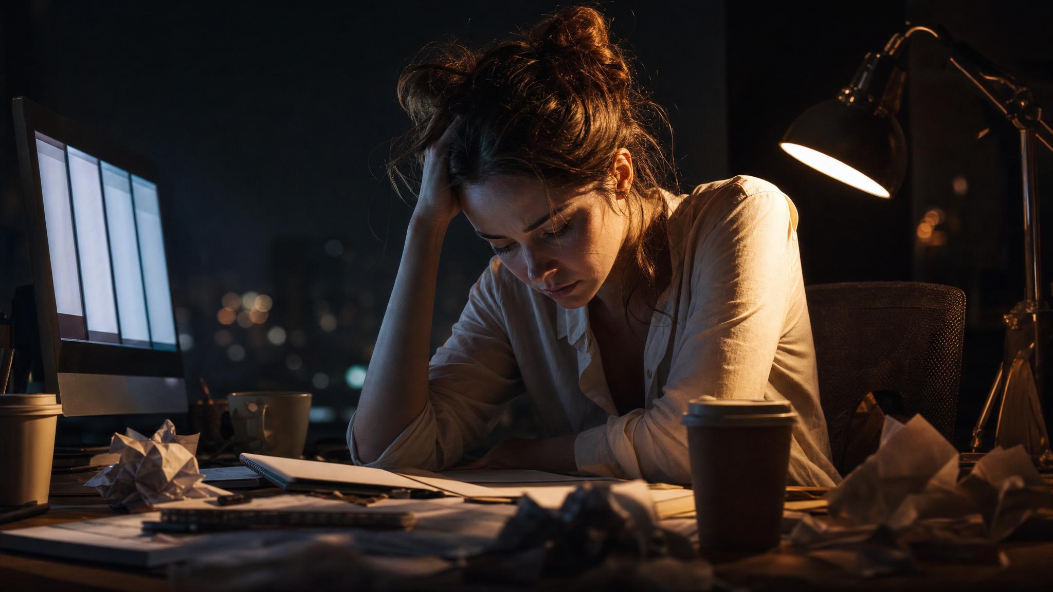 Photorealistic editorial magazine cover: a marketing professional woman in her 30s sits at a cluttered desk at dusk, five browser tabs open on a monitor, head bowed in exhaustion, a single warm tungst