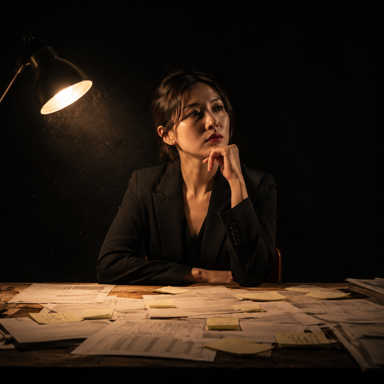 Photorealistic editorial magazine cover photograph: a focused Korean woman in her 30s seated alone at a raw wooden desk, centered low-angle hero shot, surrounded by printed spreadsheets and sticky not