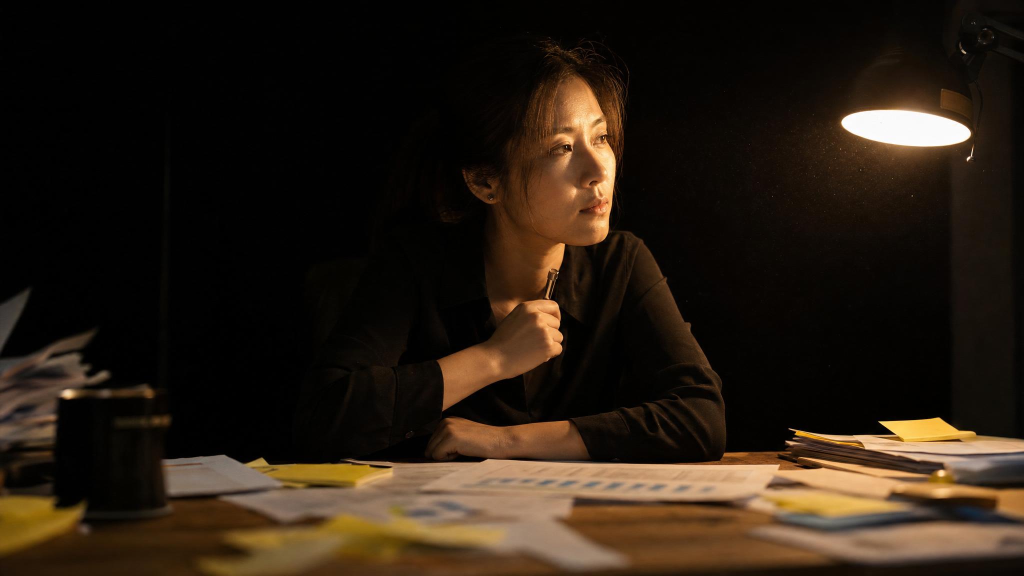 Photorealistic editorial magazine cover photograph: a focused Korean woman in her 30s seated alone at a raw wooden desk, centered low-angle hero shot, surrounded by printed spreadsheets and sticky not