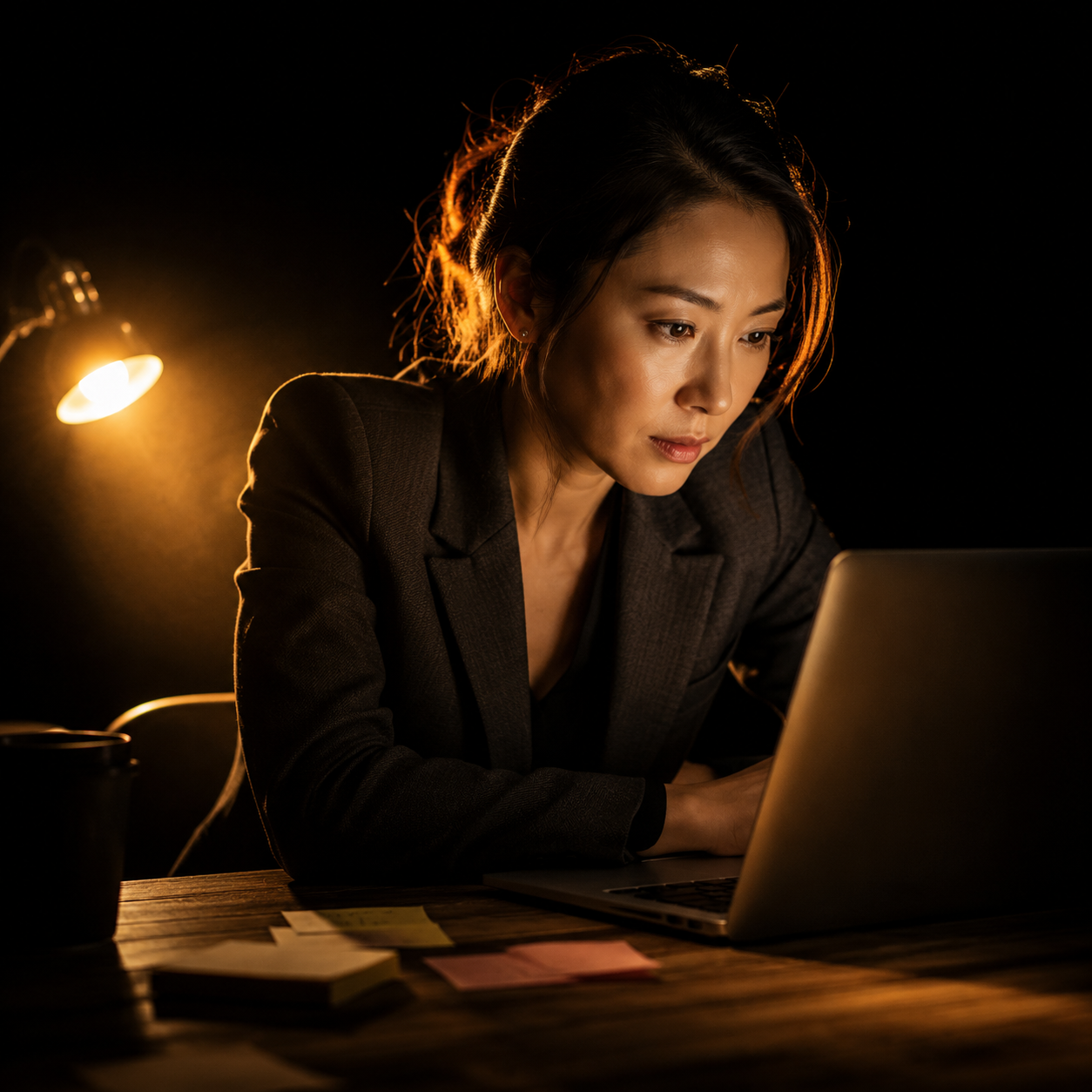 Photorealistic editorial magazine cover photograph: a mid-30s East Asian woman in a tailored charcoal blazer seated at a real wooden desk, leaning forward with intense focus toward a laptop screen cas