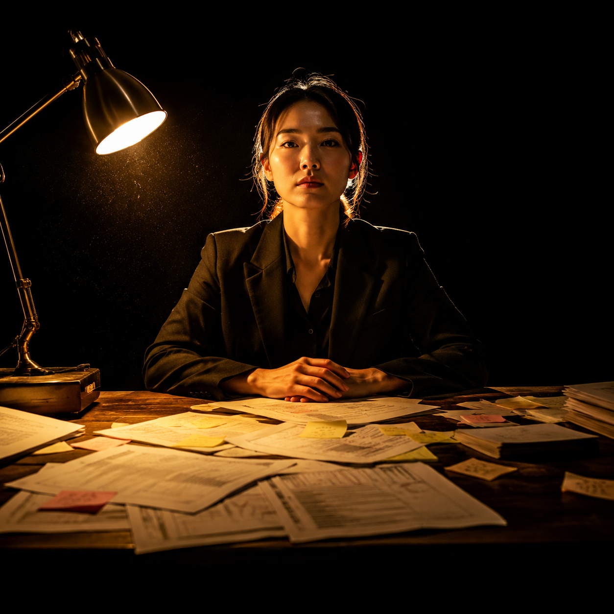Photorealistic editorial magazine cover photograph: a focused Korean woman in her 30s seated alone at a raw wooden desk, centered low-angle hero shot, surrounded by printed spreadsheets and sticky not