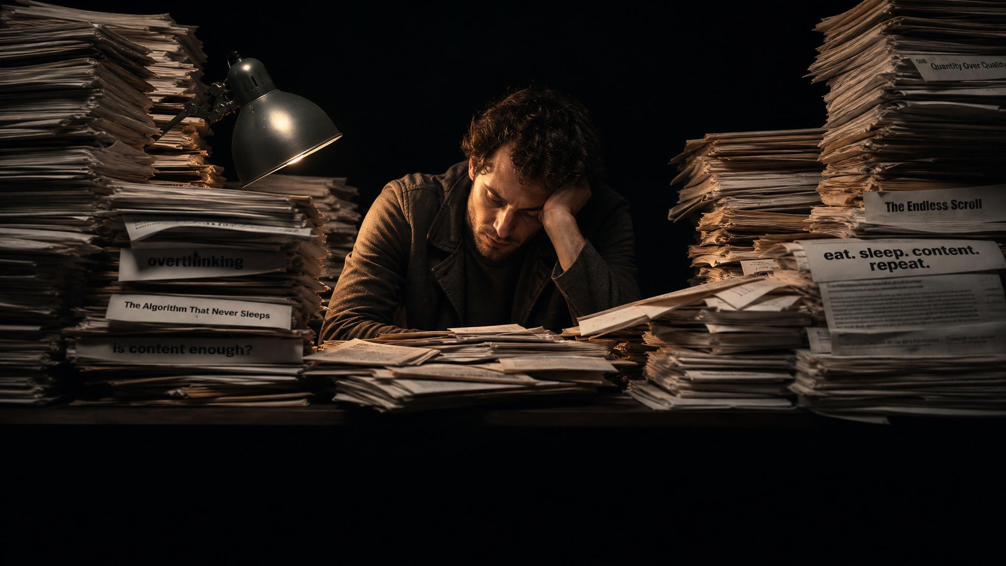 Photorealistic editorial magazine cover photograph: a lone website analyst at a cluttered desk surrounded by towering stacks of printed articles and blog posts, centered hero composition, single warm