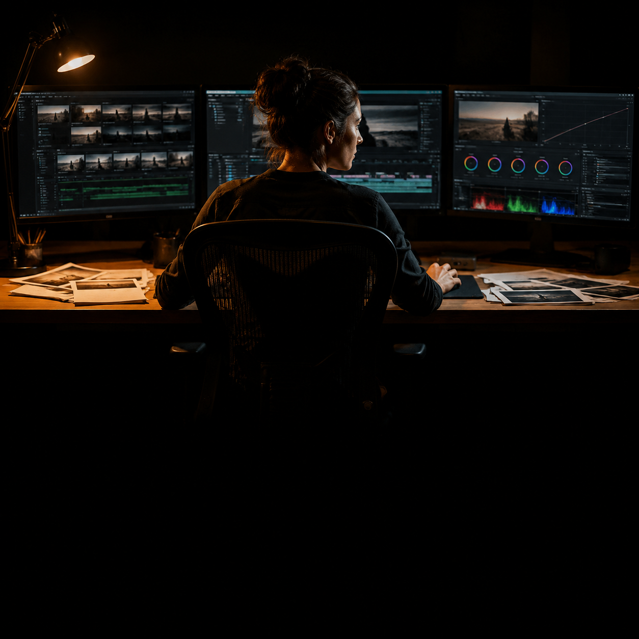 Photorealistic editorial magazine cover photograph: a lone video editor, mid-30s woman, centered low-angle hero at a professional editing workstation at 2am, three large monitors displaying raw timeli