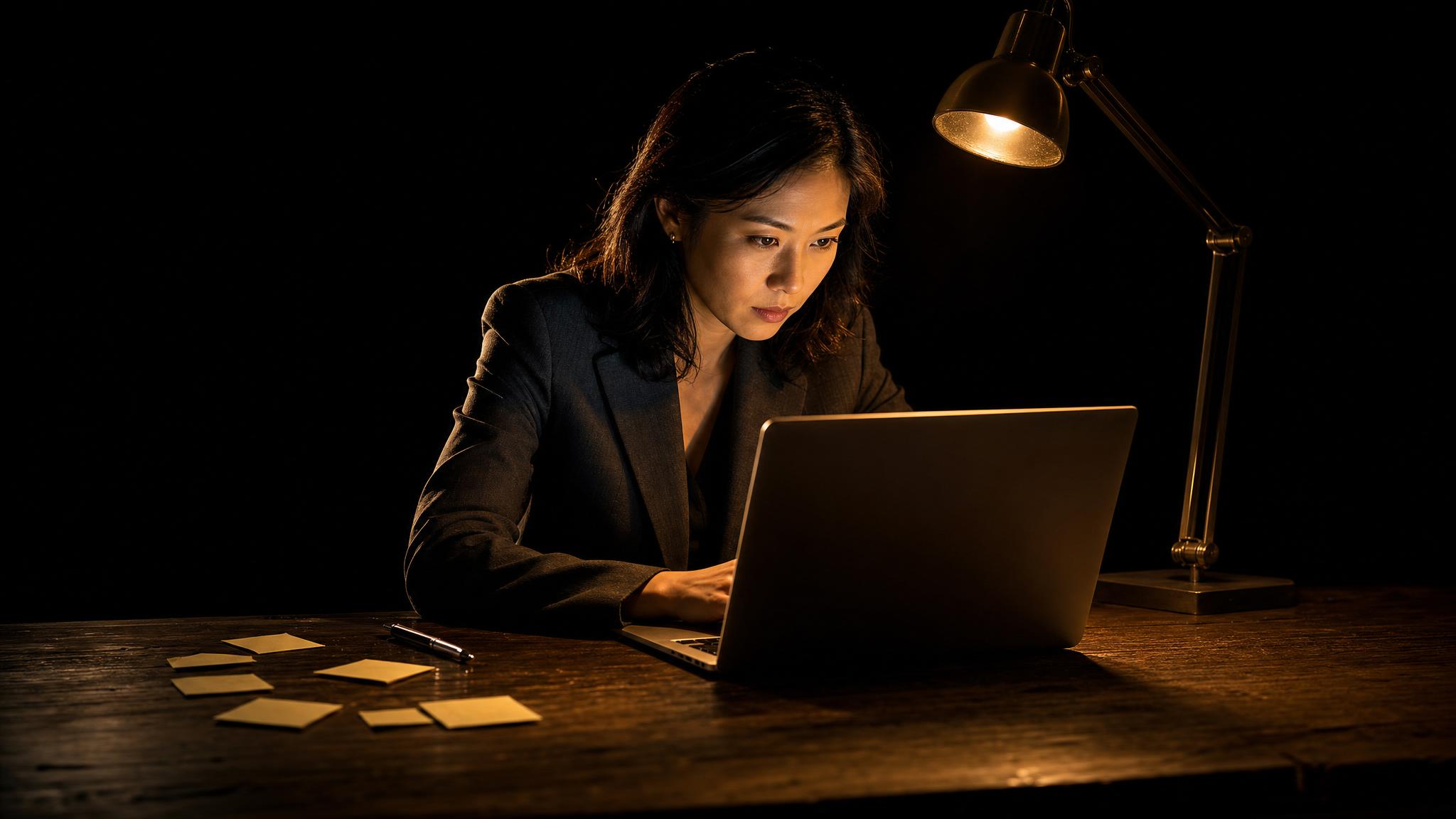 Photorealistic editorial magazine cover photograph: a mid-30s East Asian woman in a tailored charcoal blazer seated at a real wooden desk, leaning forward with intense focus toward a laptop screen cas