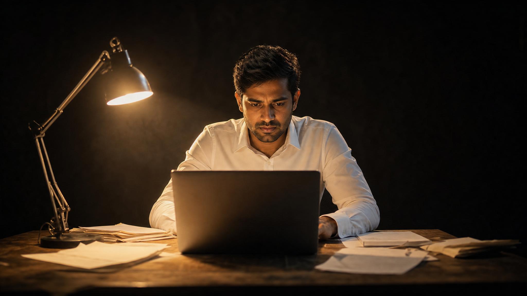 Photorealistic editorial magazine cover photograph: a lone Indian professional man in a crisp white shirt seated centered at a worn wooden desk, leaning forward with focused intensity, a single warm t