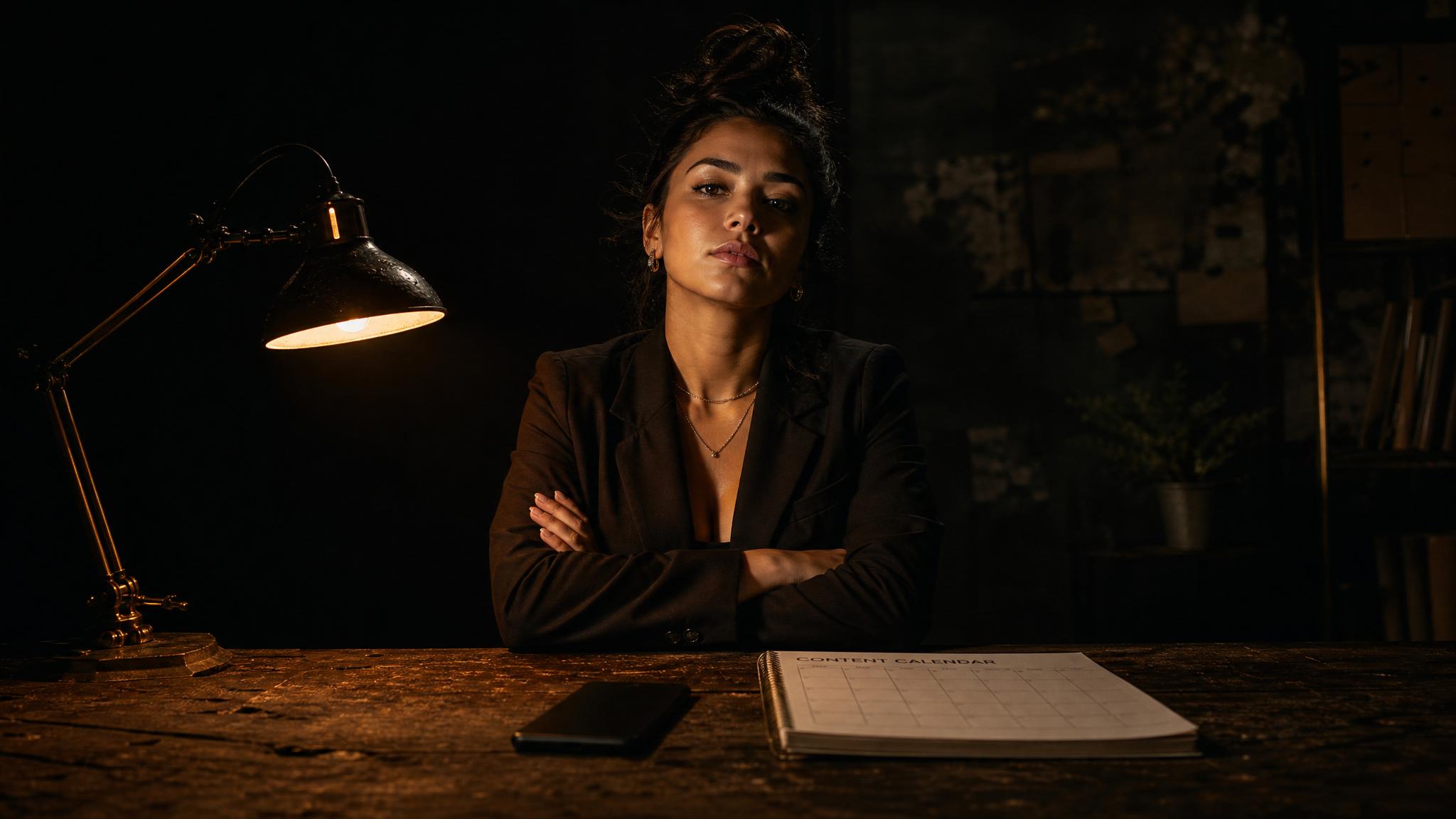 Photorealistic editorial magazine cover photograph: a young woman entrepreneur centered at a wooden desk, phone face-down beside an untouched content calendar, arms crossed, jaw set with quiet defianc