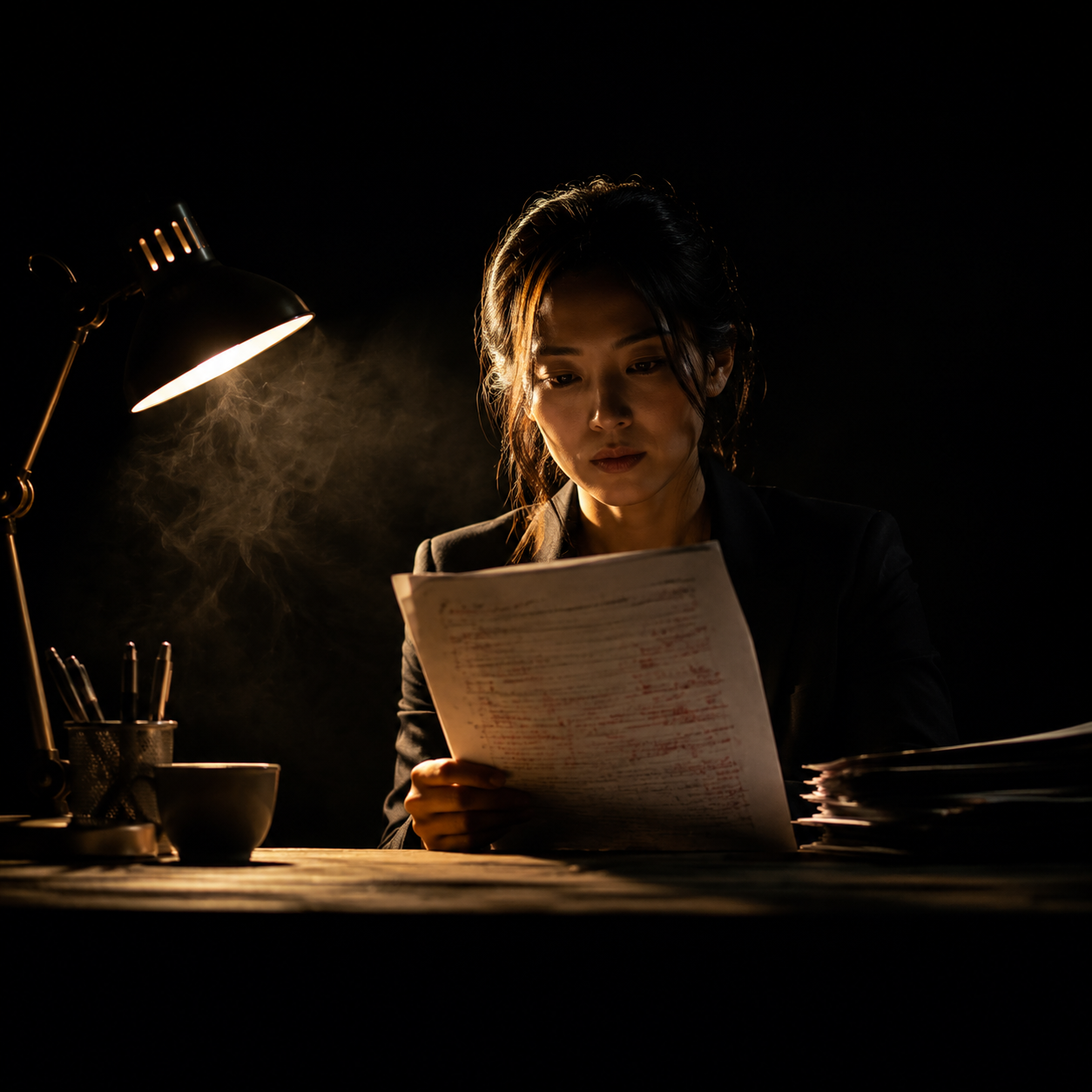Photorealistic editorial magazine cover photograph: a Japanese woman entrepreneur in her 30s seated at a raw oak desk, centered hero composition, a single warm tungsten desk lamp casting hard dramatic