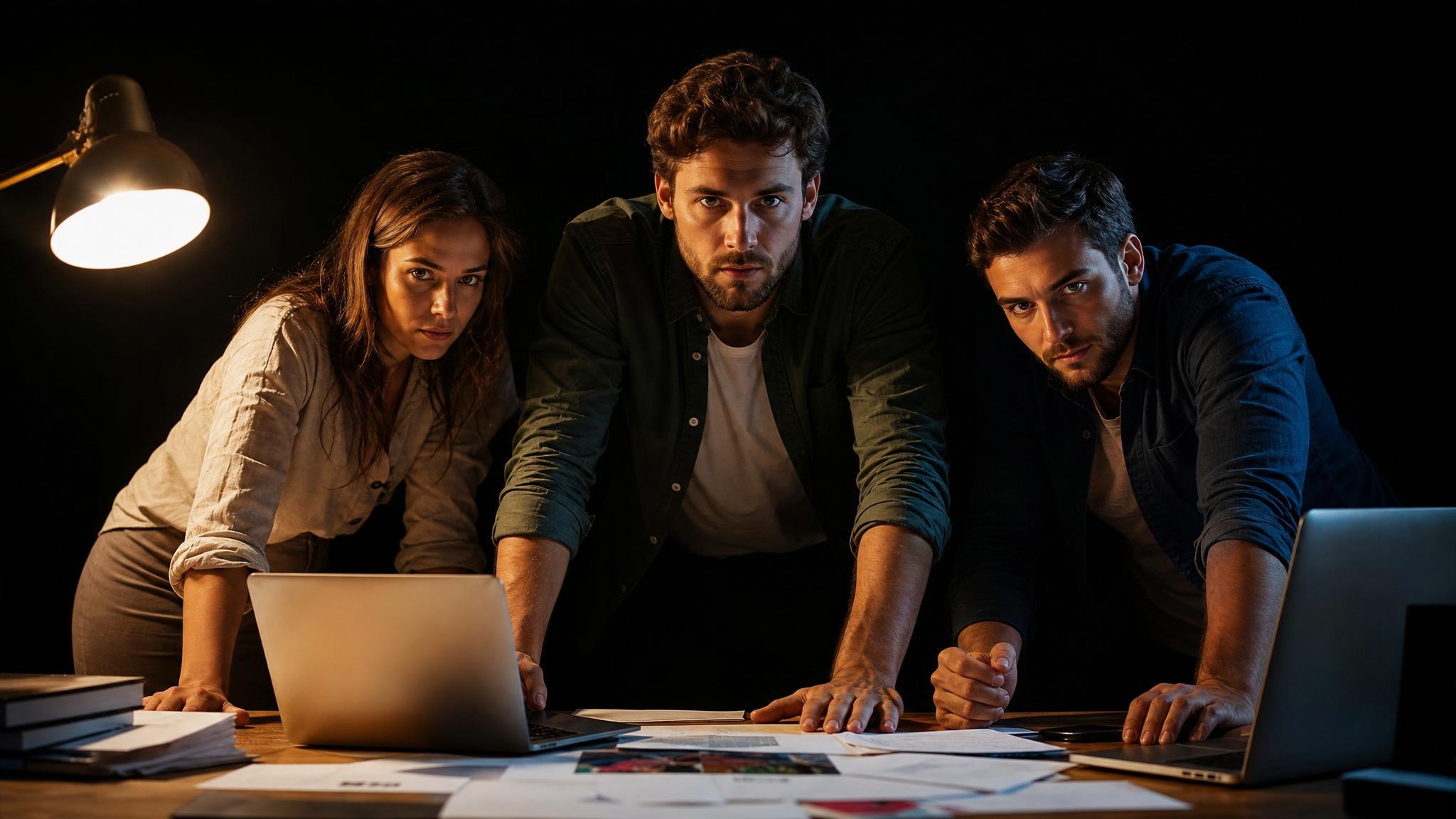 Photorealistic editorial magazine cover photograph: a compact three-person marketing team crowded around a single wooden desk at golden hour, all three leaning forward with focused intensity, warm tun