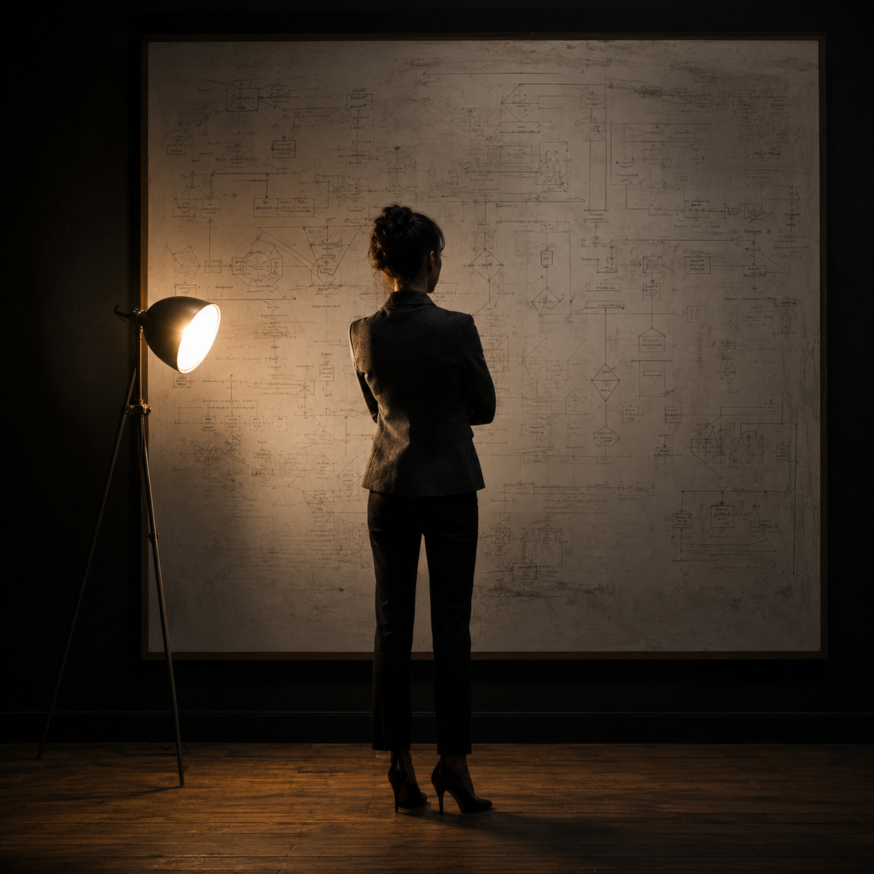 Photorealistic editorial magazine cover photograph: a lone strategist in a dark blazer stands centered at a massive floor-to-ceiling whiteboard covered in hand-drawn site architecture maps and funnel