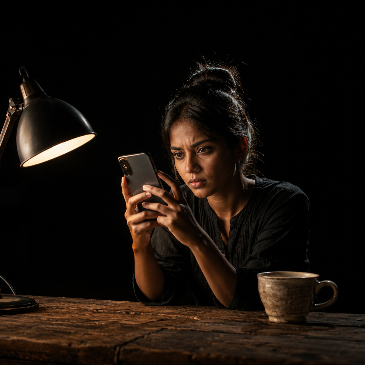Photorealistic editorial magazine cover photograph: a young South Asian woman entrepreneur centered at a wooden desk, leaning forward adjusting her Instagram business profile on a real smartphone, a s