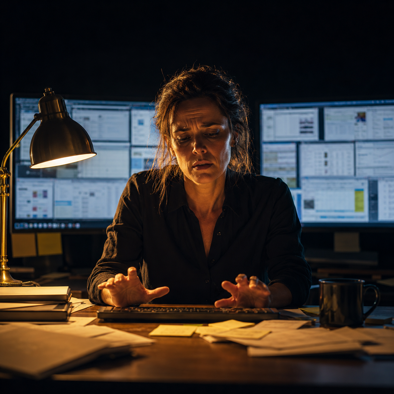 Photorealistic editorial magazine cover photograph: a content strategist in her late 30s seated alone at a wide wooden desk, seventeen browser tabs open on two monitors, face lit by a single warm prac