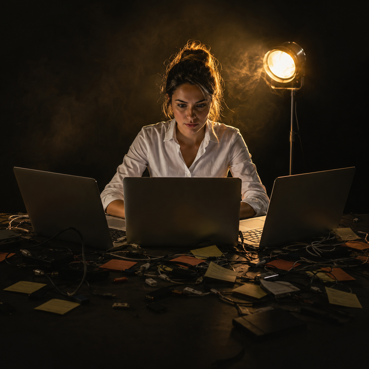 Photorealistic editorial magazine cover photograph: a focused young woman in a crisp white shirt sits centered at a cluttered production desk, three open laptops arranged in a tight arc before her, ha