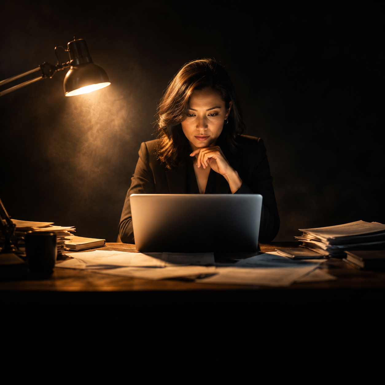 Photorealistic editorial magazine cover photograph: a focused professional woman at a wooden desk centered in frame, low angle hero shot, single warm tungsten desk lamp casting hard rim light across h