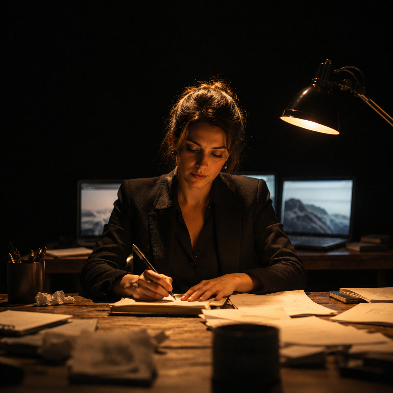Photorealistic editorial magazine cover: a focused professional woman at a wooden desk centered in frame, low angle hero shot, single warm tungsten desk lamp casting hard rim light on her jaw and shou