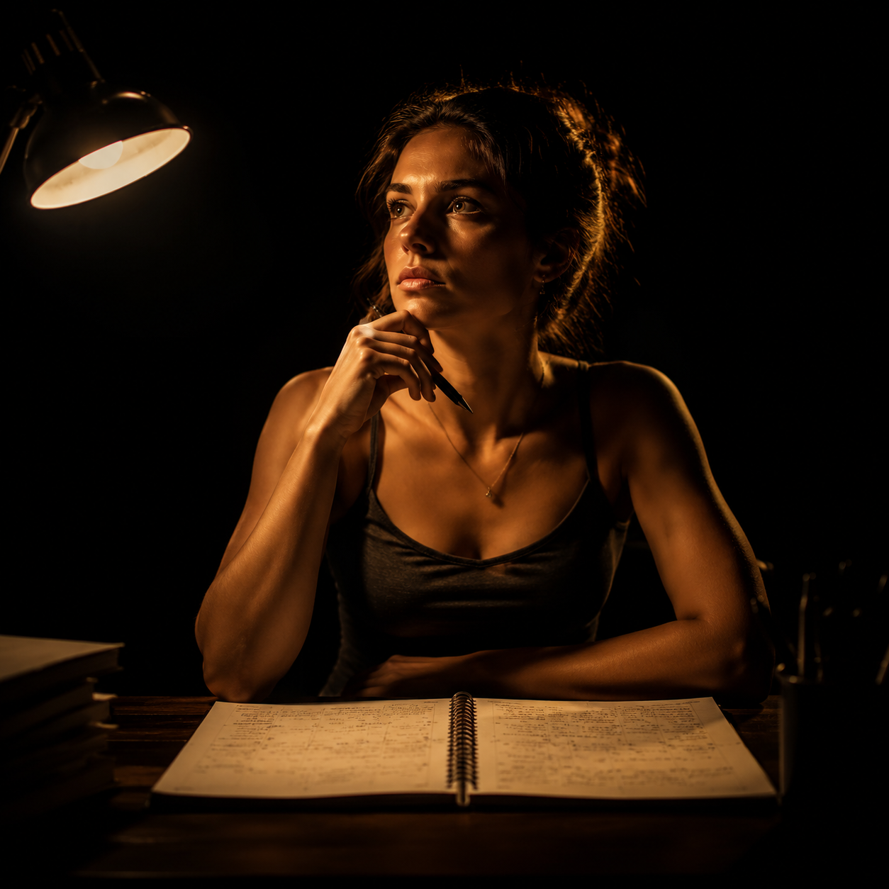 Photorealistic editorial magazine cover photograph: a focused young woman seated alone at a wide oak desk, a single warm tungsten desk lamp casting hard gold rim light across her shoulders, an open sp