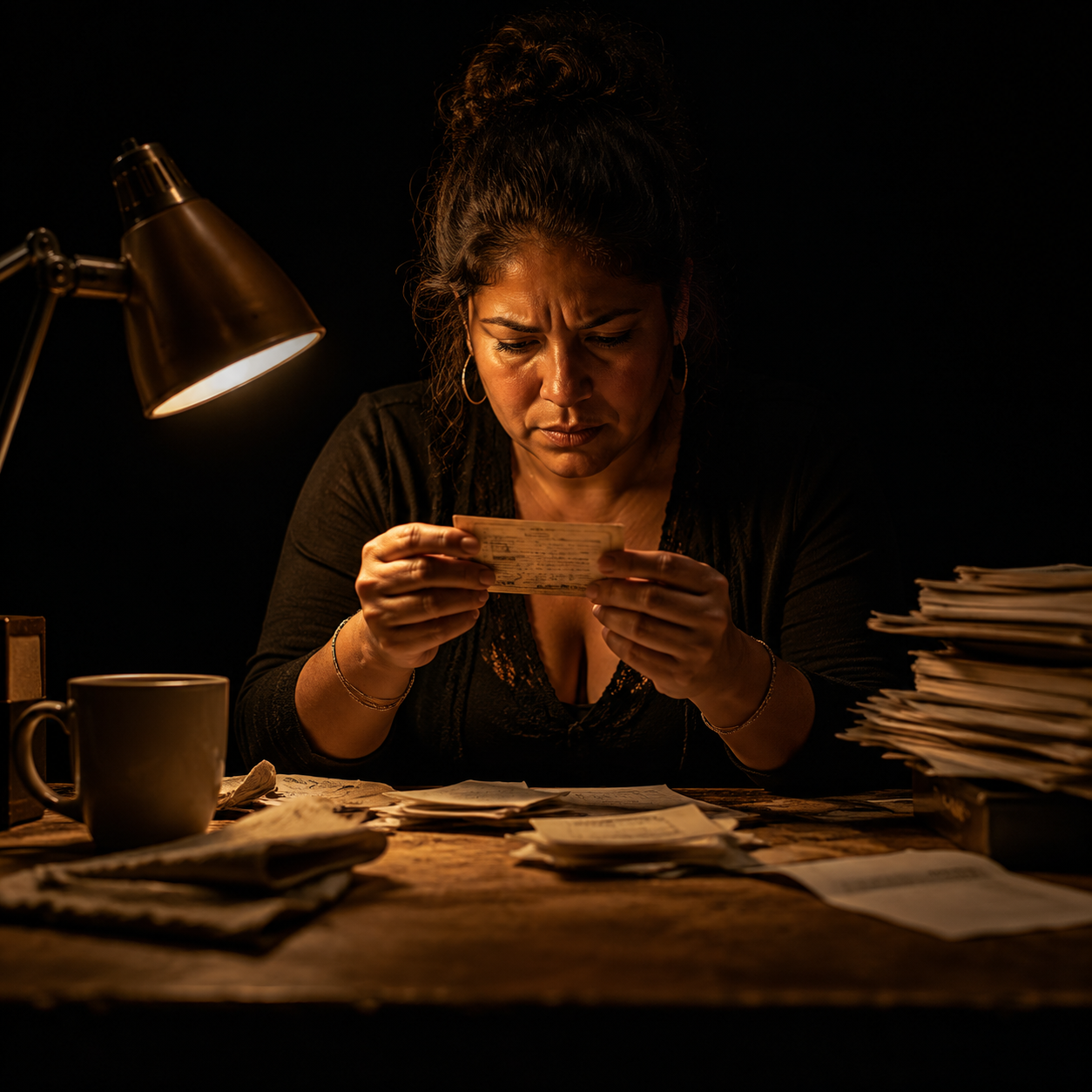 Photorealistic editorial magazine cover photograph: a Latina small business owner in her late 30s centered at a worn wooden desk, holding a handwritten customer profile card close to her face, studyin