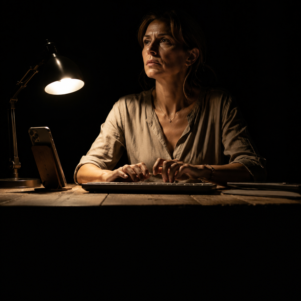 Photorealistic editorial magazine cover photograph: a focused Italian small-business owner in her 40s seated alone at a wooden desk at night, hands hovering over a keyboard, a single warm tungsten des