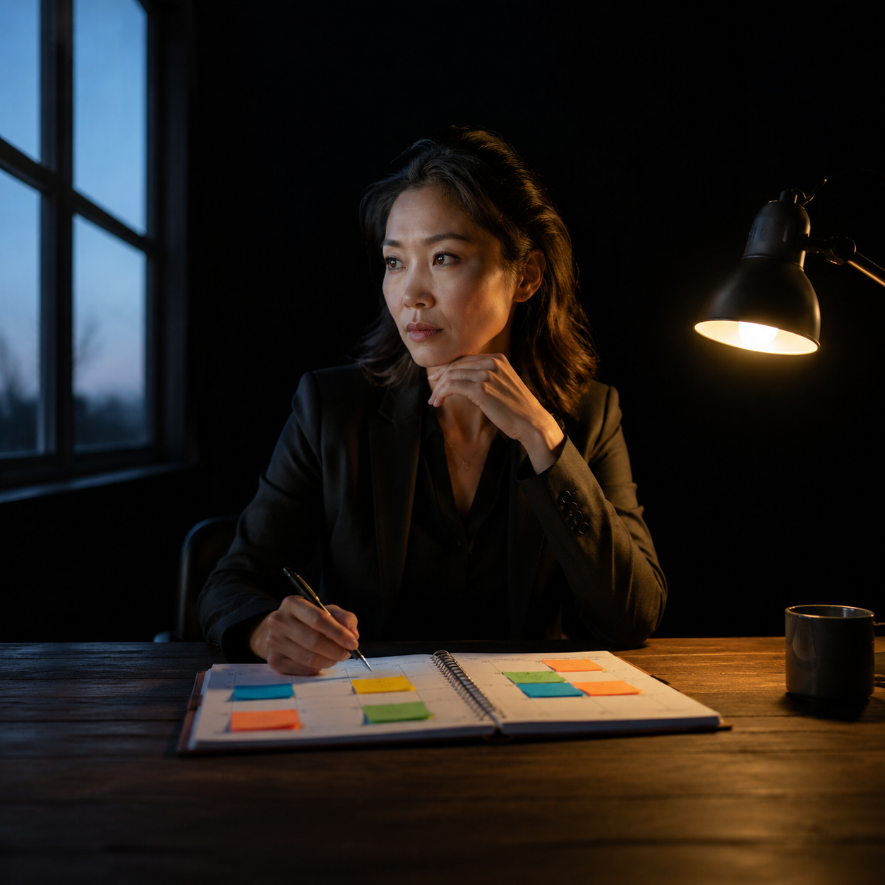 Photorealistic editorial magazine cover photograph: a focused Asian woman entrepreneur seated alone at a wide wooden desk at dawn, a single warm tungsten desk lamp casting hard rim light across her fa