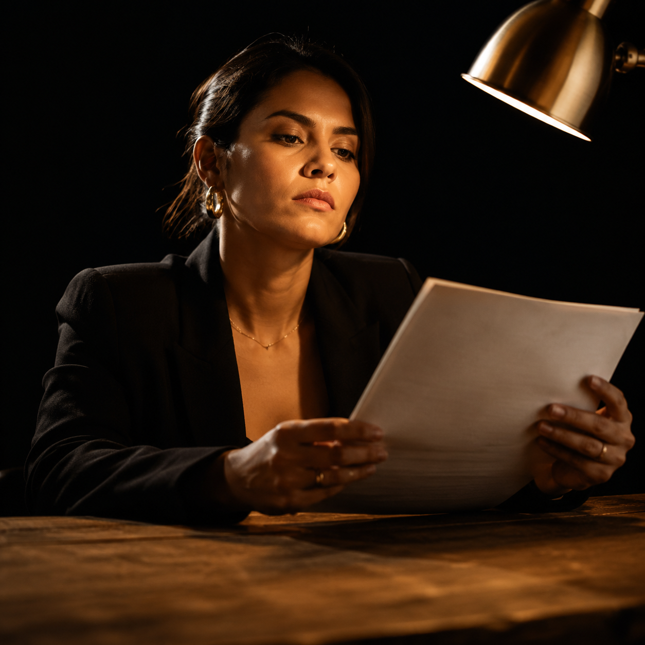 Photorealistic editorial magazine cover photograph: a focused Latina woman in her early 30s seated alone at a worn oak desk, centered low-angle hero shot, holding a printed style guide document close