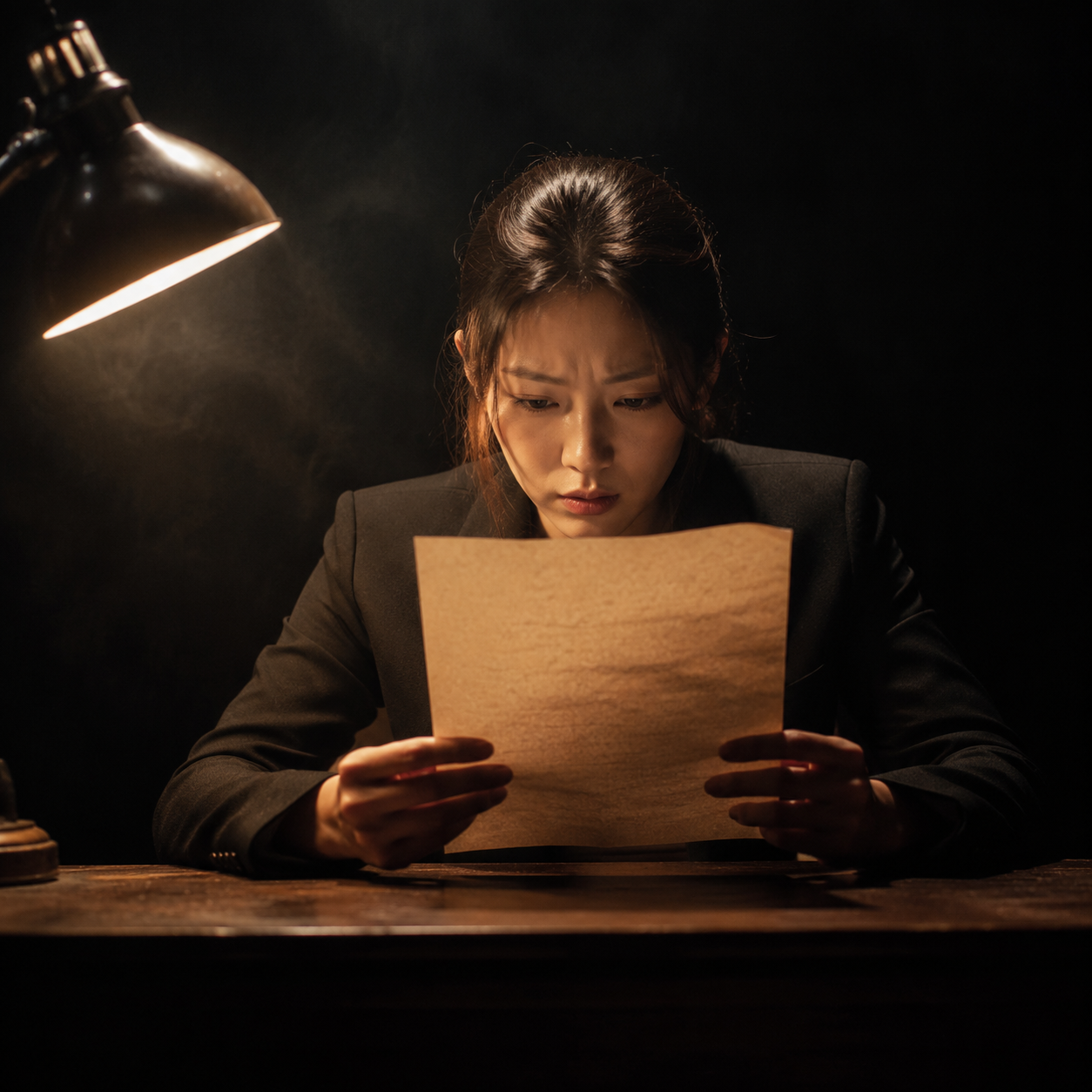 Photorealistic editorial magazine cover photograph: a young East Asian woman at a wooden desk, centered hero low angle, holding a printed customer review letter close to her face with intense focus, a